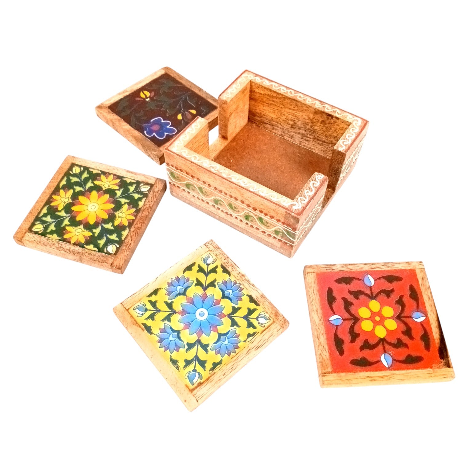Wooden Tea Coaster Set | Handcrafted Tile Coasters for Tea, Coffee & Drinks | Wooden Table Coasters for Dining, Office, Kitchen & Home Decor - 4 Inch - Apkamart