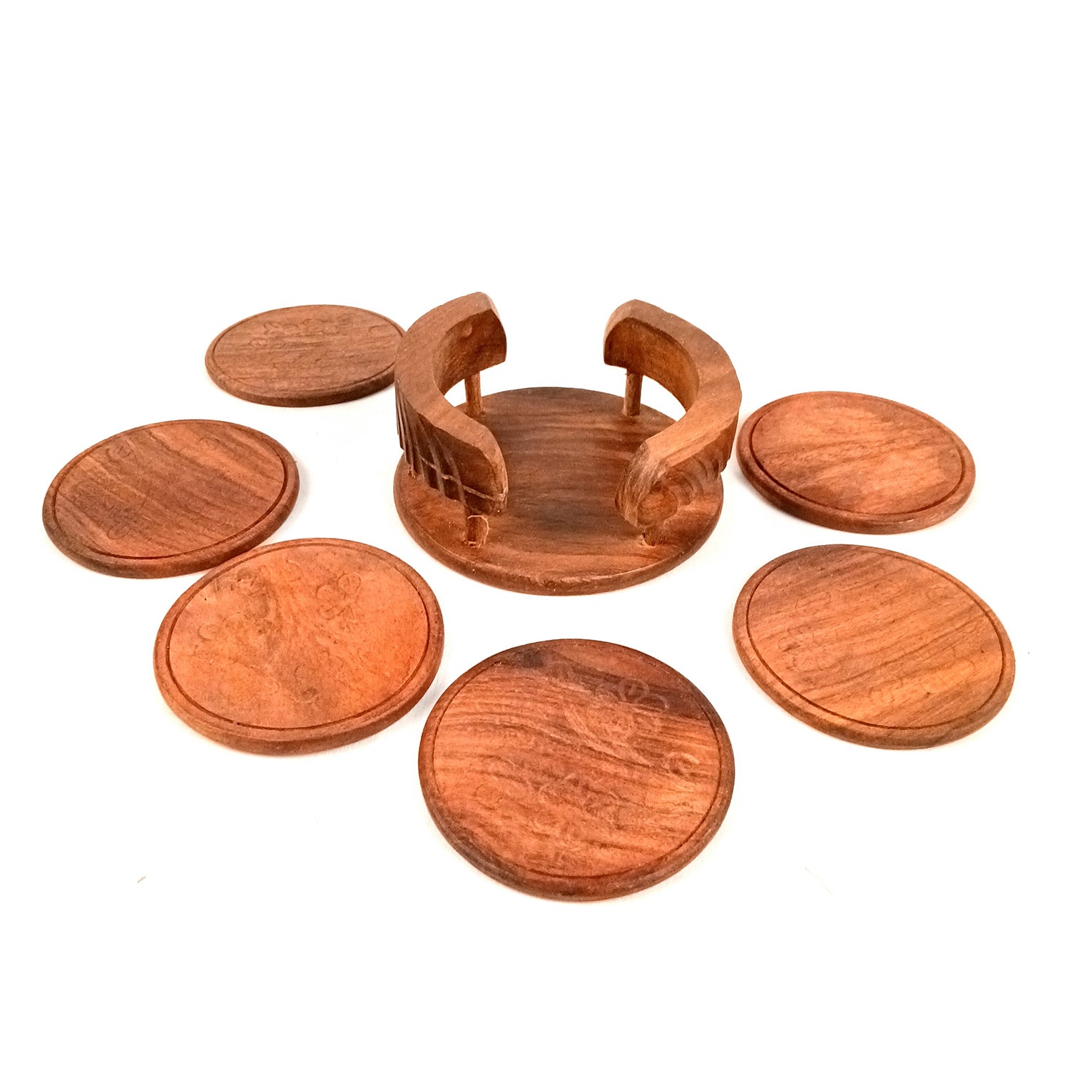 Tea Coasters | Wooden Coffee Coaster Set With Stand | Heat Pad | Dining Table Decor - For Kitchen, Bar, Tables, Hot Pots, Cups, Mugs - 4 Inch - Apkamart