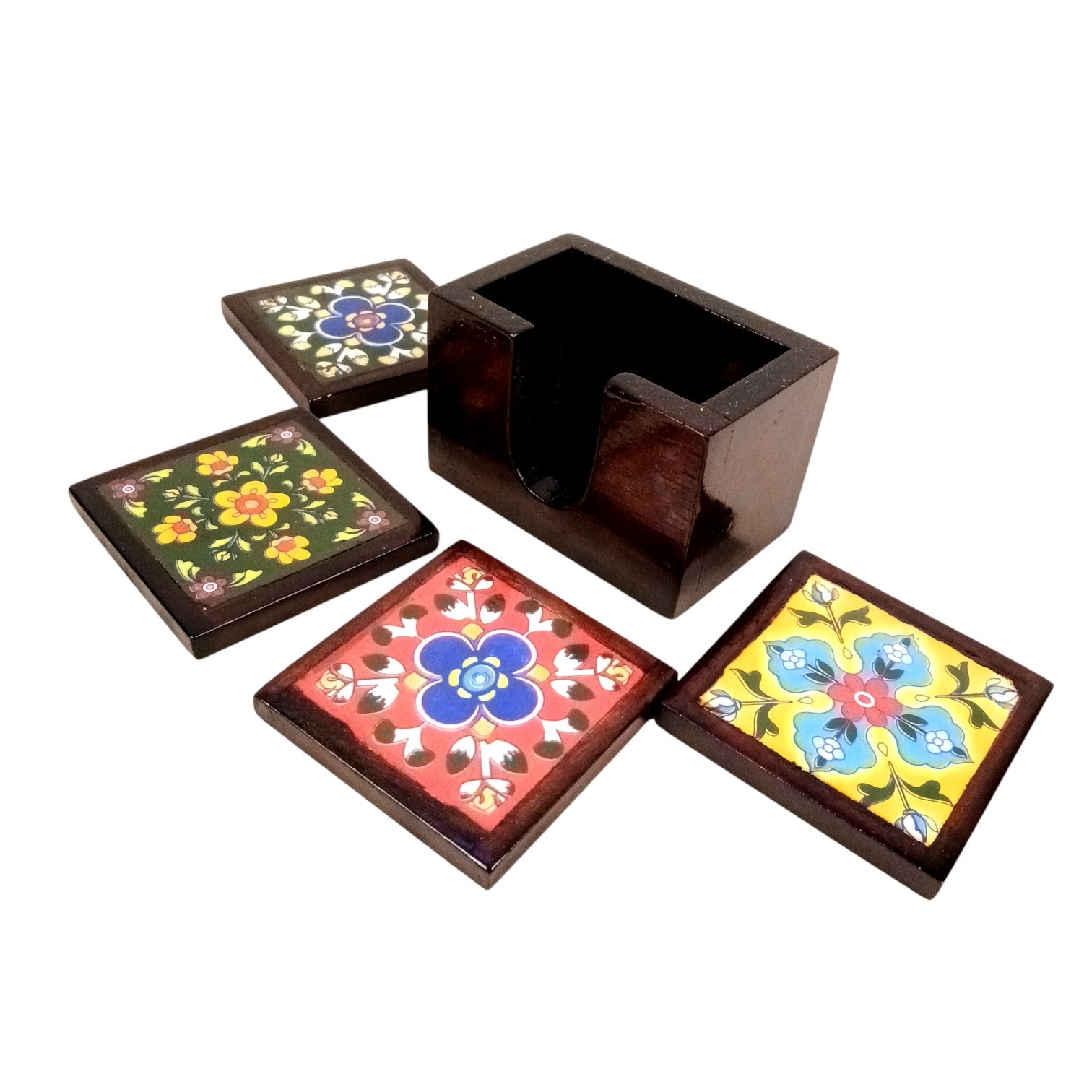 Wooden Tea Coaster Set | Handcrafted Tile Coasters for Tea, Coffee & Drinks | Wooden Table Coasters for Dining, Office & Home Decor - 4 Inch - Apkamart