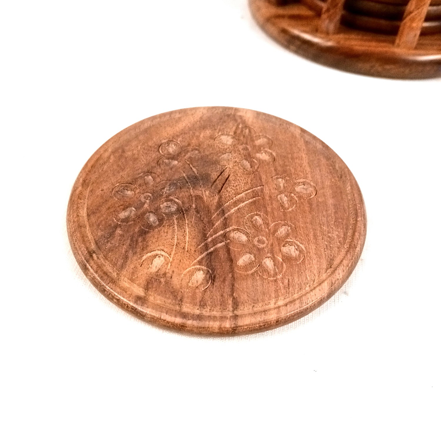 Tea Coasters | Wooden Coffee Coaster Set With Stand | Heat Pad | Dining Table Decor - For Kitchen, Bar, Tables, Hot Pots, Cups, Mugs - 5 Inch - Apkamart