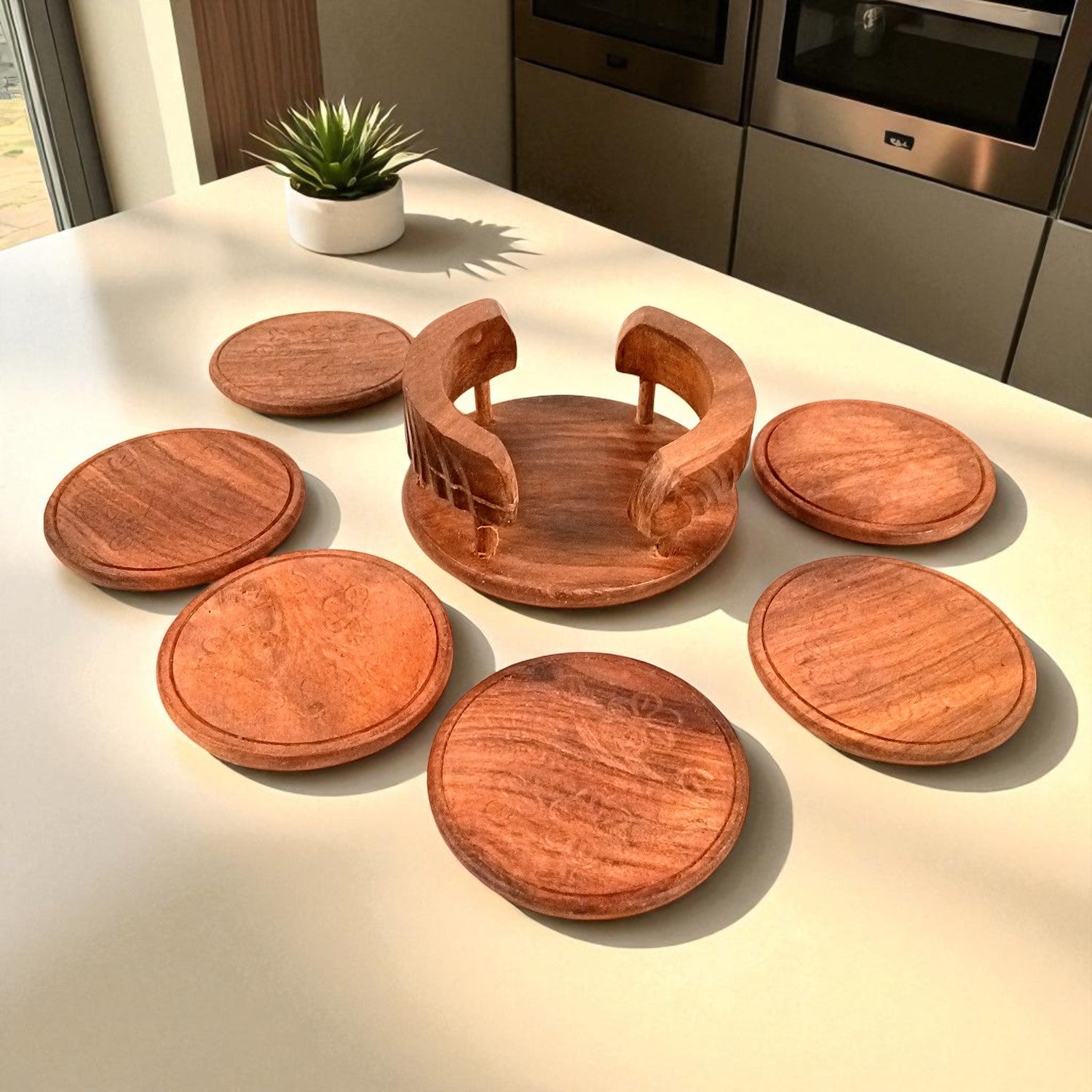 Tea Coasters | Wooden Coffee Coaster Set With Stand | Heat Pad | Dining Table Decor - For Kitchen, Bar, Tables, Hot Pots, Cups, Mugs - 4 Inch - Apkamart
