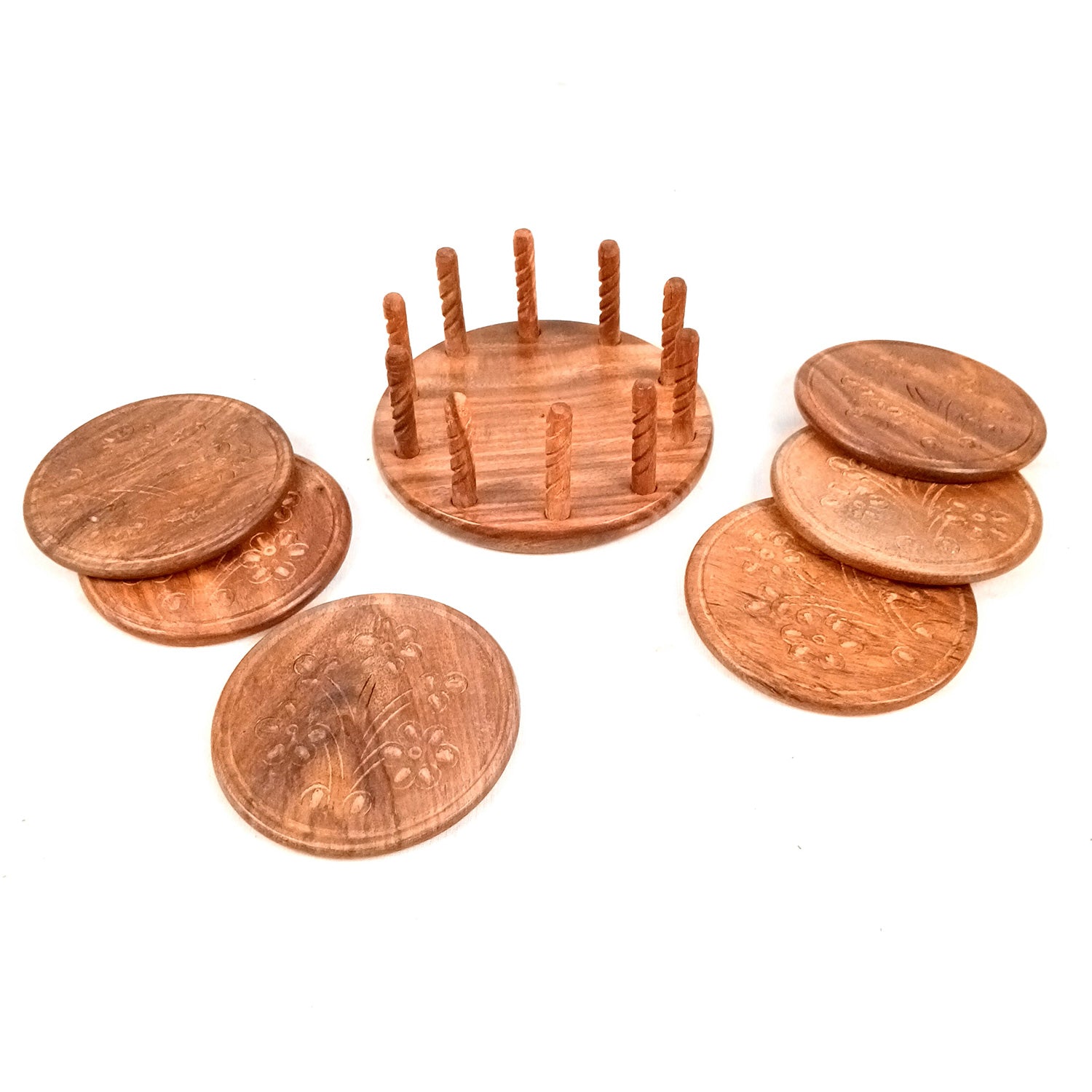 Tea Coasters | Wooden Coffee Coaster Set With Stand | Heat Pad | Dining Table Decor - For Kitchen, Bar, Tables, Hot Pots, Cups, Mugs - 5 Inch - Apkamart