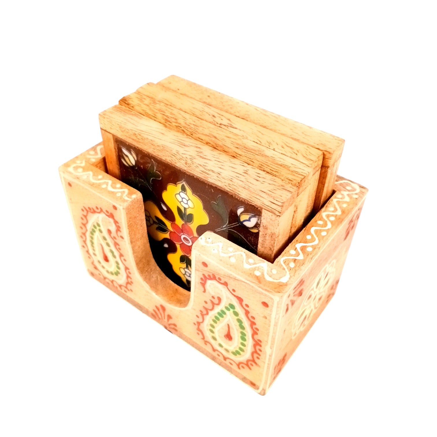 Wooden Tea Coaster Set | Handcrafted Tile Coasters for Tea, Coffee & Drinks | Wooden Table Coasters for Dining, Office & Home Decor - 4 Inch - Apkamart