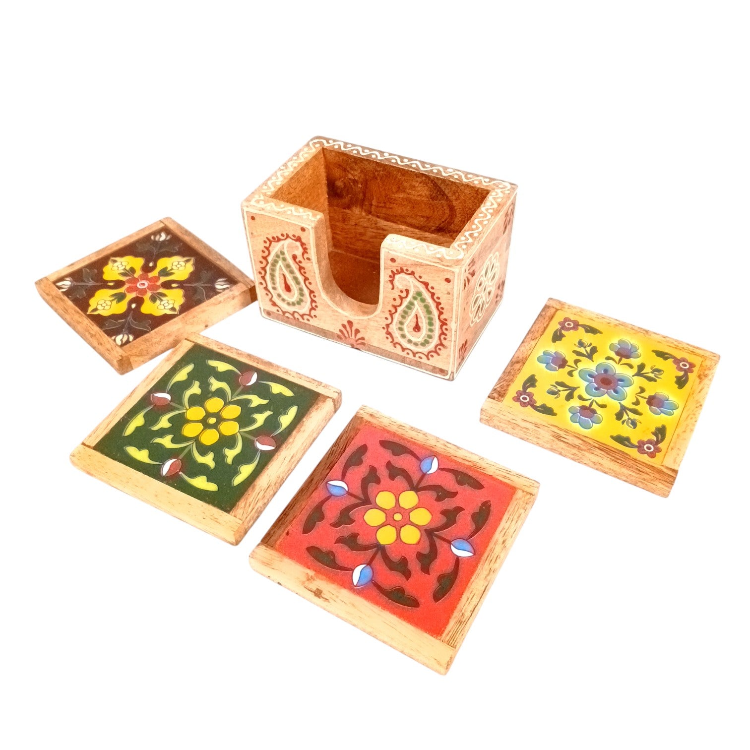 Wooden Tea Coaster Set | Handcrafted Tile Coasters for Tea, Coffee & Drinks | Wooden Table Coasters for Dining, Office & Home Decor - 4 Inch - Apkamart