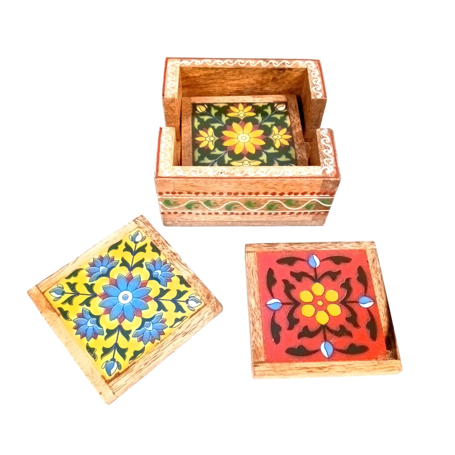 Wooden Tea Coaster Set | Handcrafted Tile Coasters for Tea, Coffee & Drinks | Wooden Table Coasters for Dining, Office, Kitchen & Home Decor - 4 Inch - Apkamart