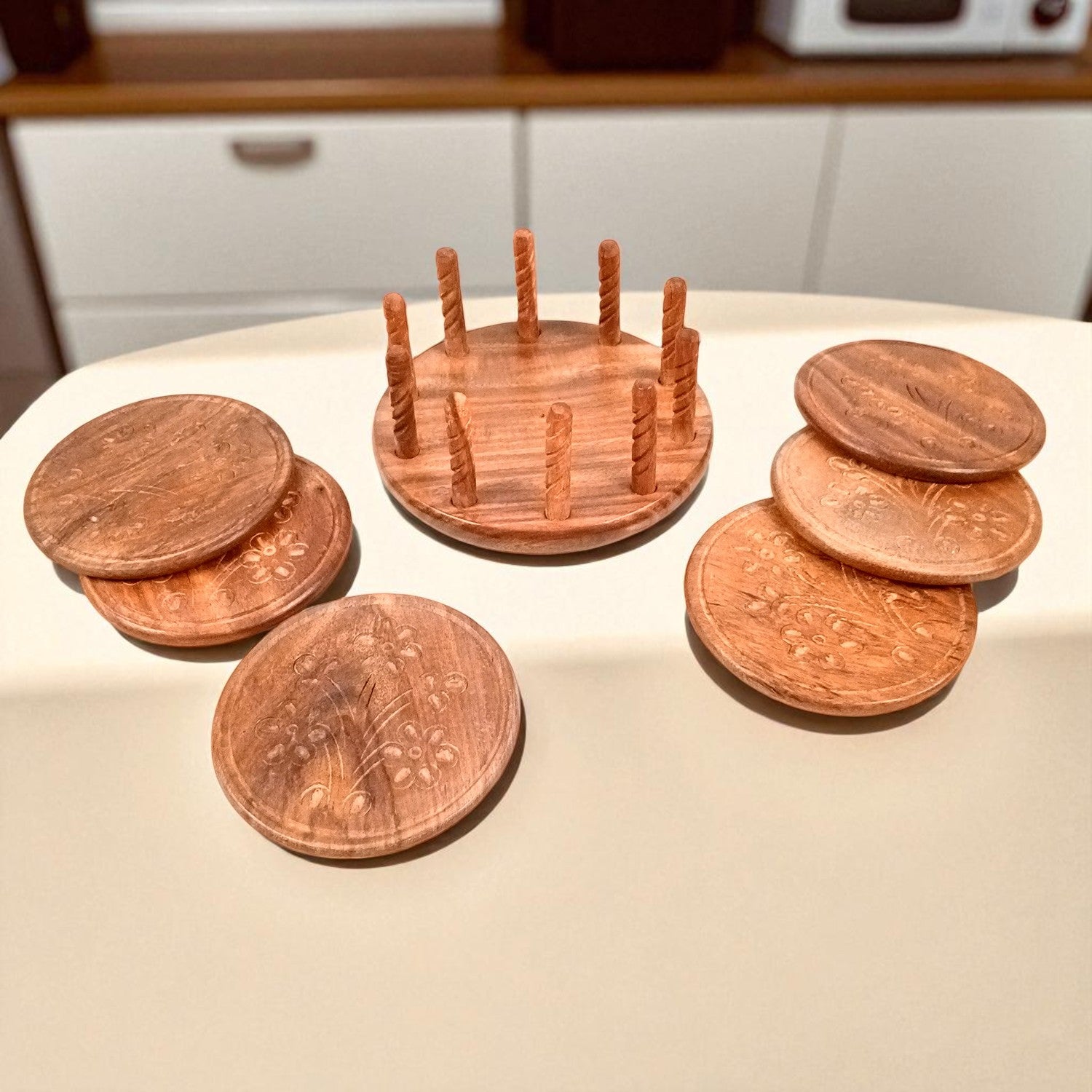 Tea Coasters | Wooden Coffee Coaster Set With Stand | Heat Pad | Dining Table Decor - For Kitchen, Bar, Tables, Hot Pots, Cups, Mugs - 5 Inch - Apkamart