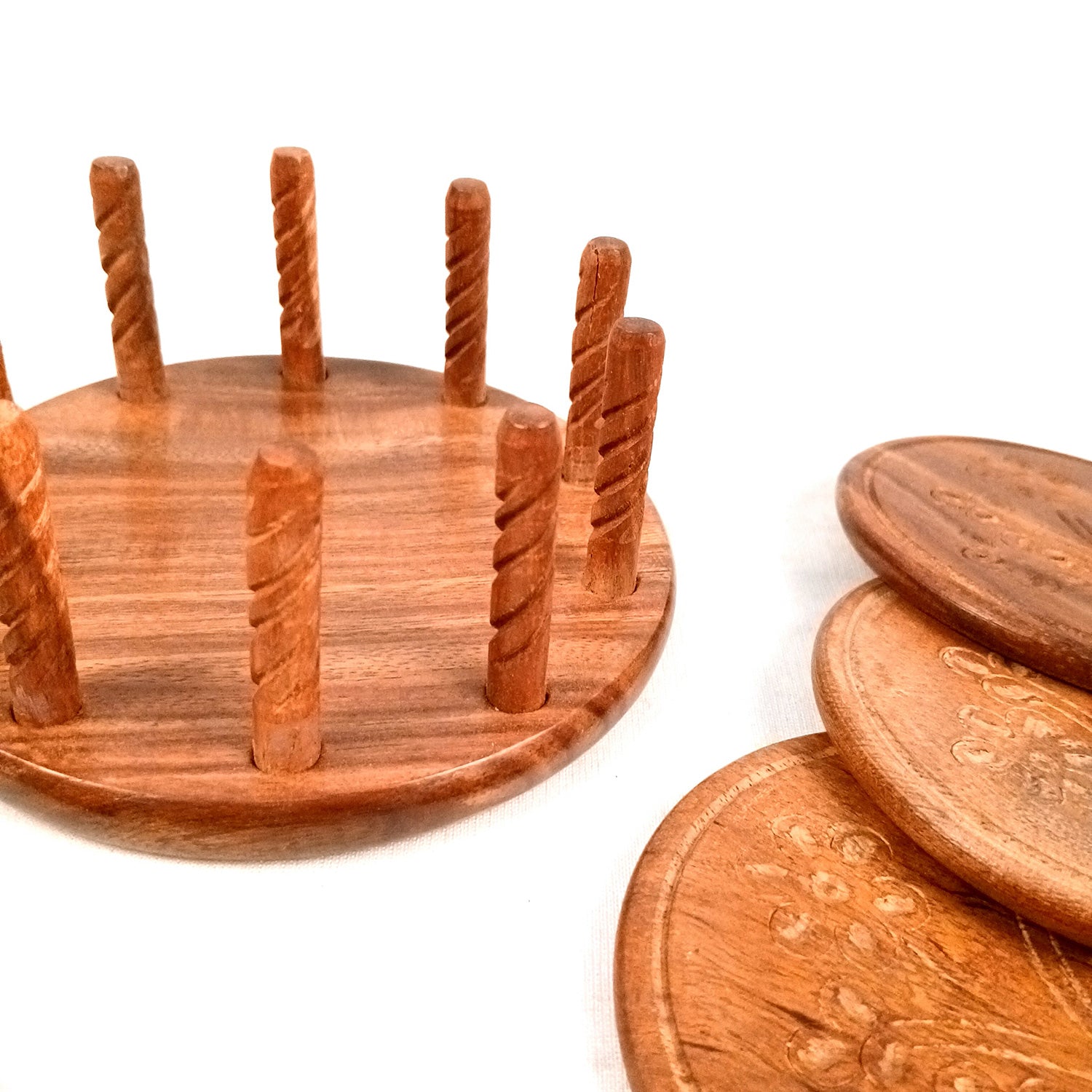 Tea Coasters | Wooden Coffee Coaster Set With Stand | Heat Pad | Dining Table Decor - For Kitchen, Bar, Tables, Hot Pots, Cups, Mugs - 5 Inch - Apkamart