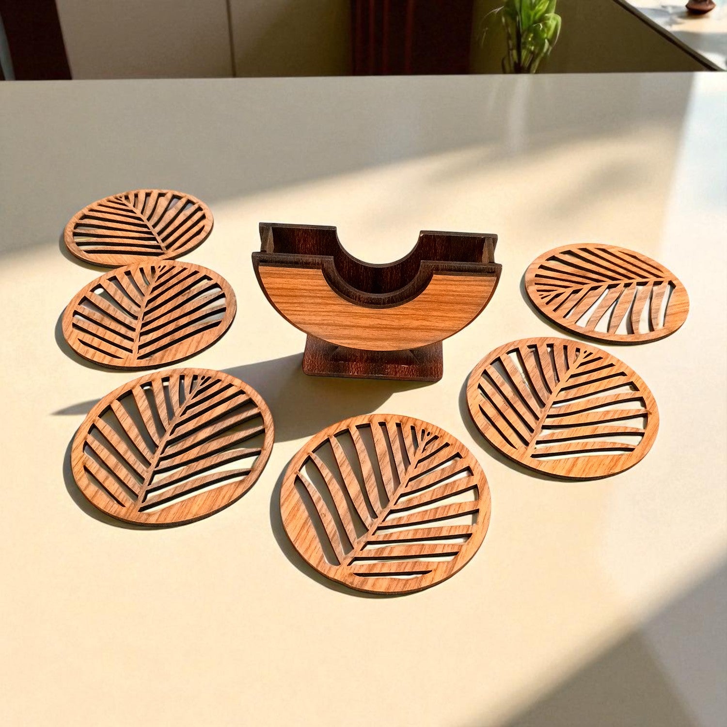 Tea Coasters | Wooden Coffee Coaster Set With Stand | Heat Pad | Dining Table Decor - For Kitchen, Tables, Hot Pots, Cups, Mugs - 5 Inch - Apkamart