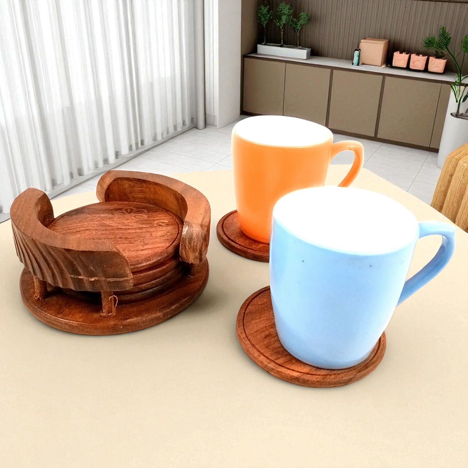 Tea Coasters | Wooden Coffee Coaster Set With Stand | Heat Pad | Dining Table Decor - For Kitchen, Bar, Tables, Hot Pots, Cups, Mugs - 4 Inch - Apkamart