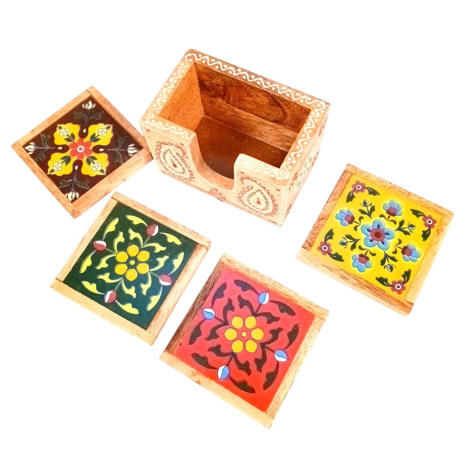Wooden Tea Coaster Set | Handcrafted Tile Coasters for Tea, Coffee & Drinks | Wooden Table Coasters for Dining, Office & Home Decor - 4 Inch - Apkamart