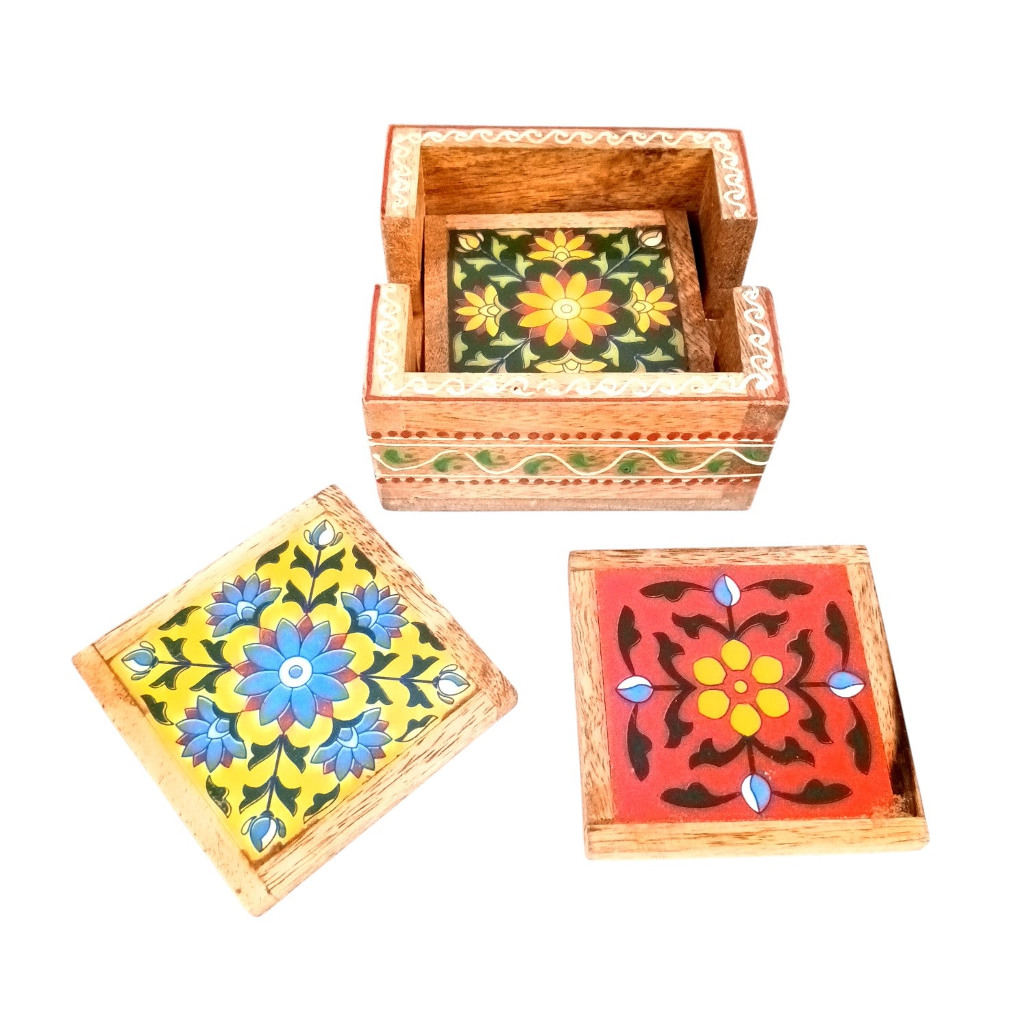 Wooden Tea Coaster Set | Handcrafted Tile Coasters for Tea, Coffee & Drinks | Wooden Table Coasters for Dining, Office, Kitchen & Home Decor - 4 Inch - Apkamart