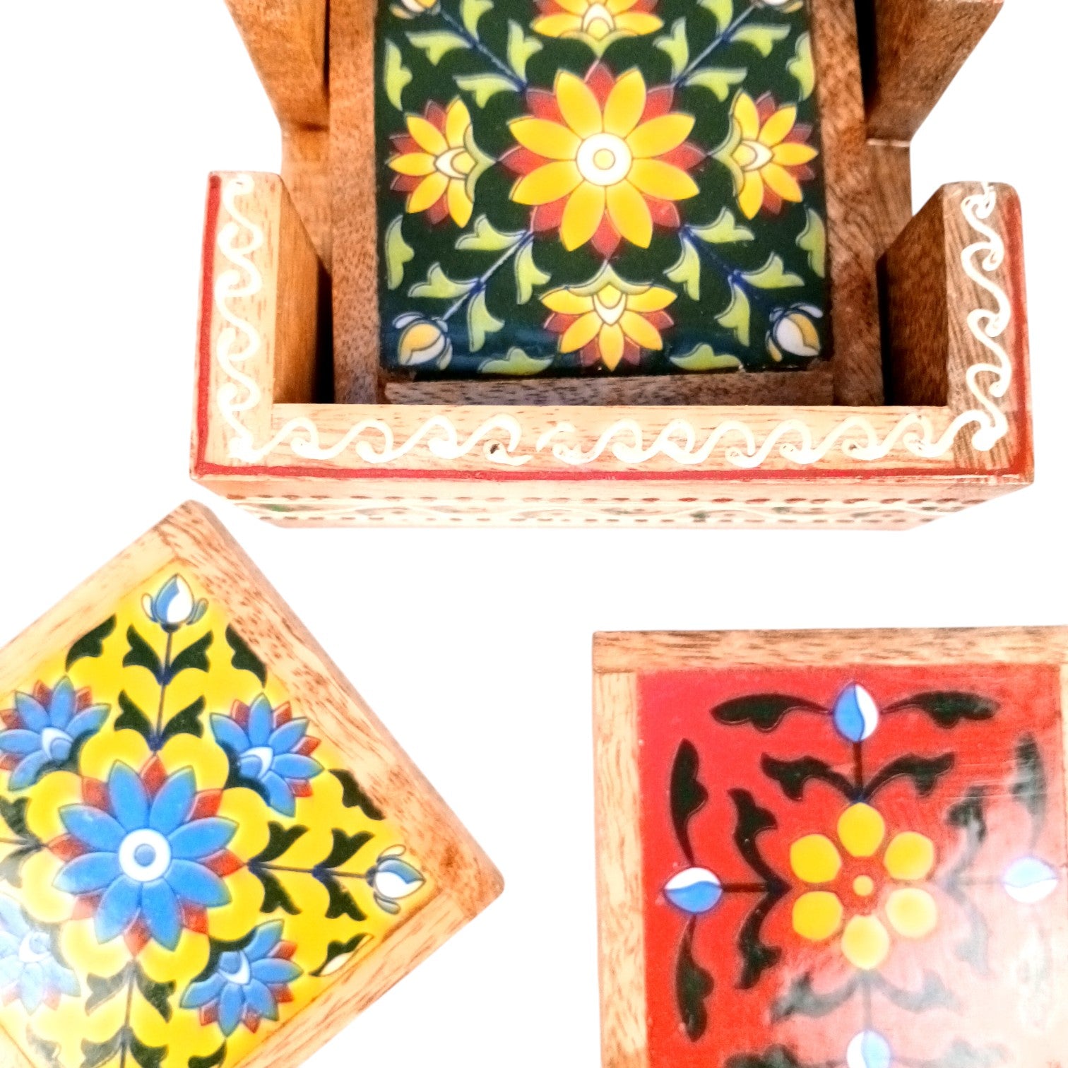 Wooden Tea Coaster Set | Handcrafted Tile Coasters for Tea, Coffee & Drinks | Wooden Table Coasters for Dining, Office, Kitchen & Home Decor - 4 Inch - Apkamart