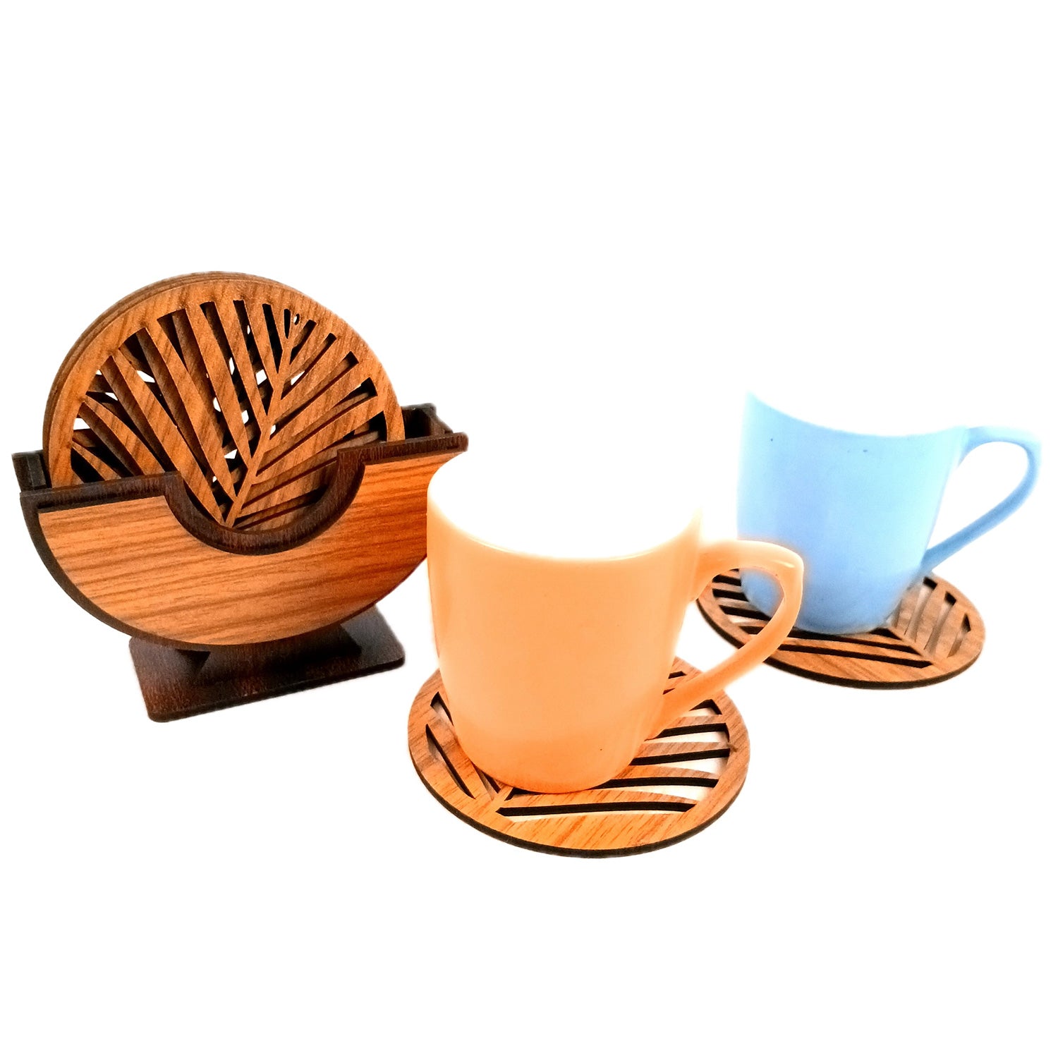Tea Coasters | Wooden Coffee Coaster Set With Stand | Heat Pad | Dining Table Decor - For Kitchen, Tables, Hot Pots, Cups, Mugs - 5 Inch - Apkamart