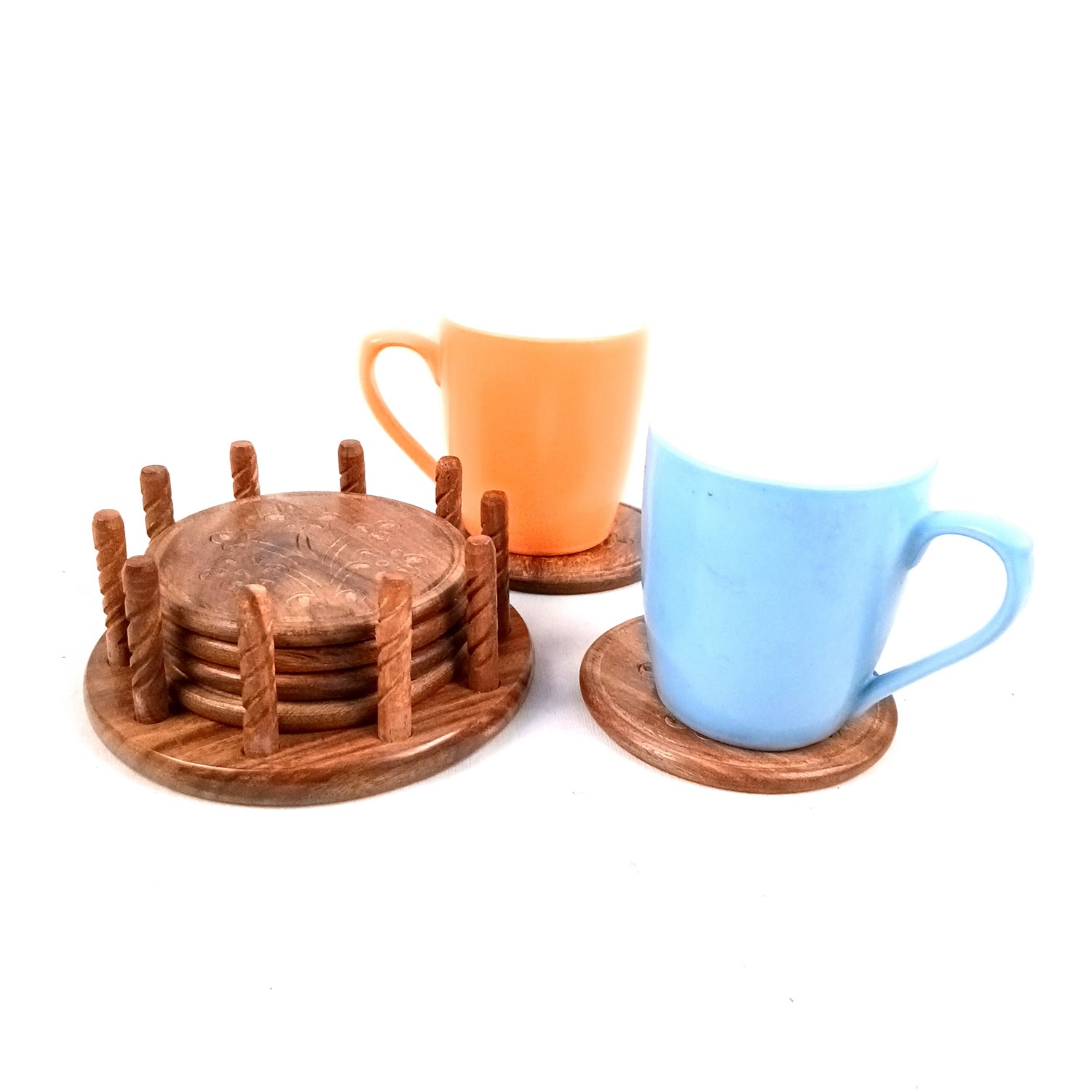 Tea Coasters | Wooden Coffee Coaster Set With Stand | Heat Pad | Dining Table Decor - For Kitchen, Bar, Tables, Hot Pots, Cups, Mugs - 5 Inch - Apkamart
