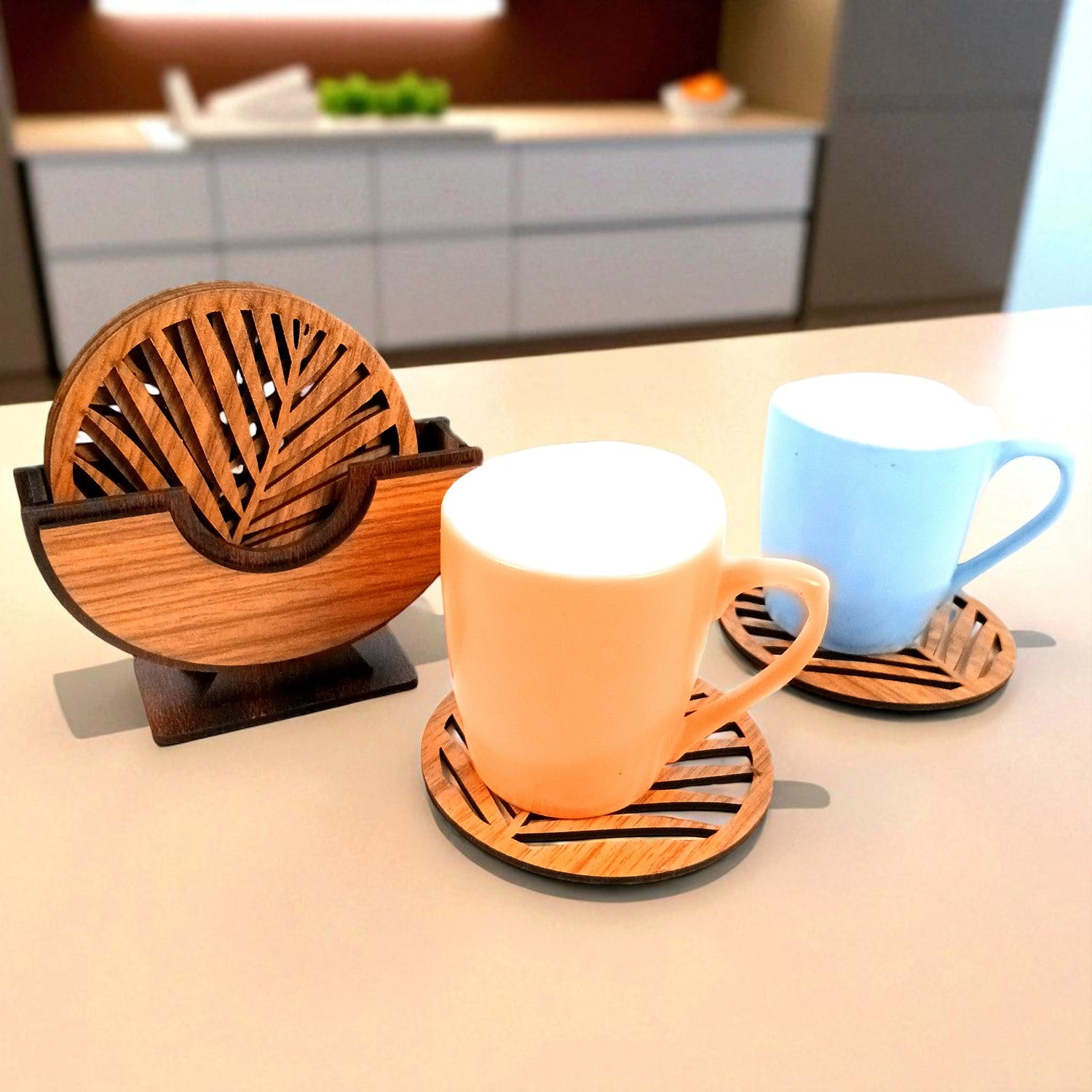 Tea Coasters | Wooden Coffee Coaster Set With Stand | Heat Pad | Dining Table Decor - For Kitchen, Tables, Hot Pots, Cups, Mugs - 5 Inch - Apkamart