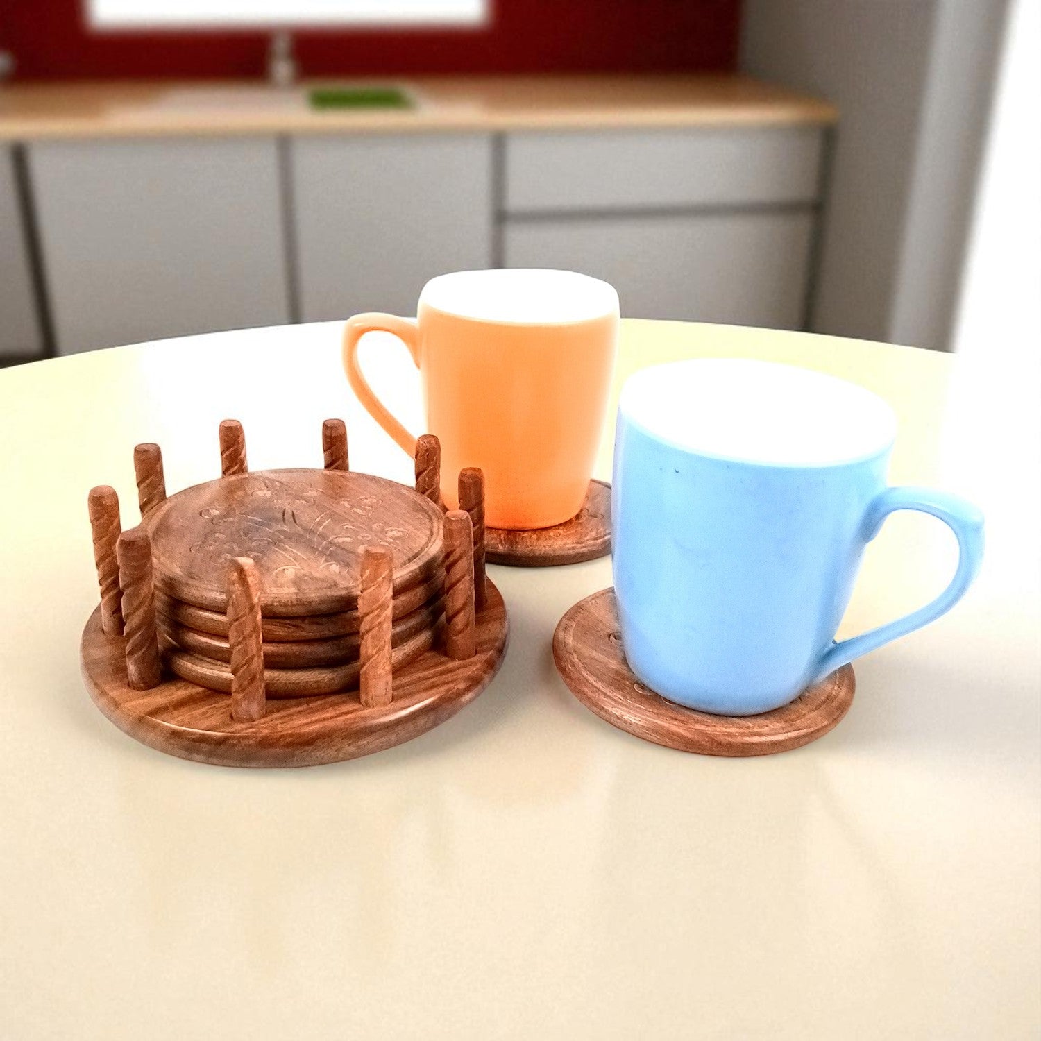 Tea Coasters | Wooden Coffee Coaster Set With Stand | Heat Pad | Dining Table Decor - For Kitchen, Bar, Tables, Hot Pots, Cups, Mugs - 5 Inch - Apkamart