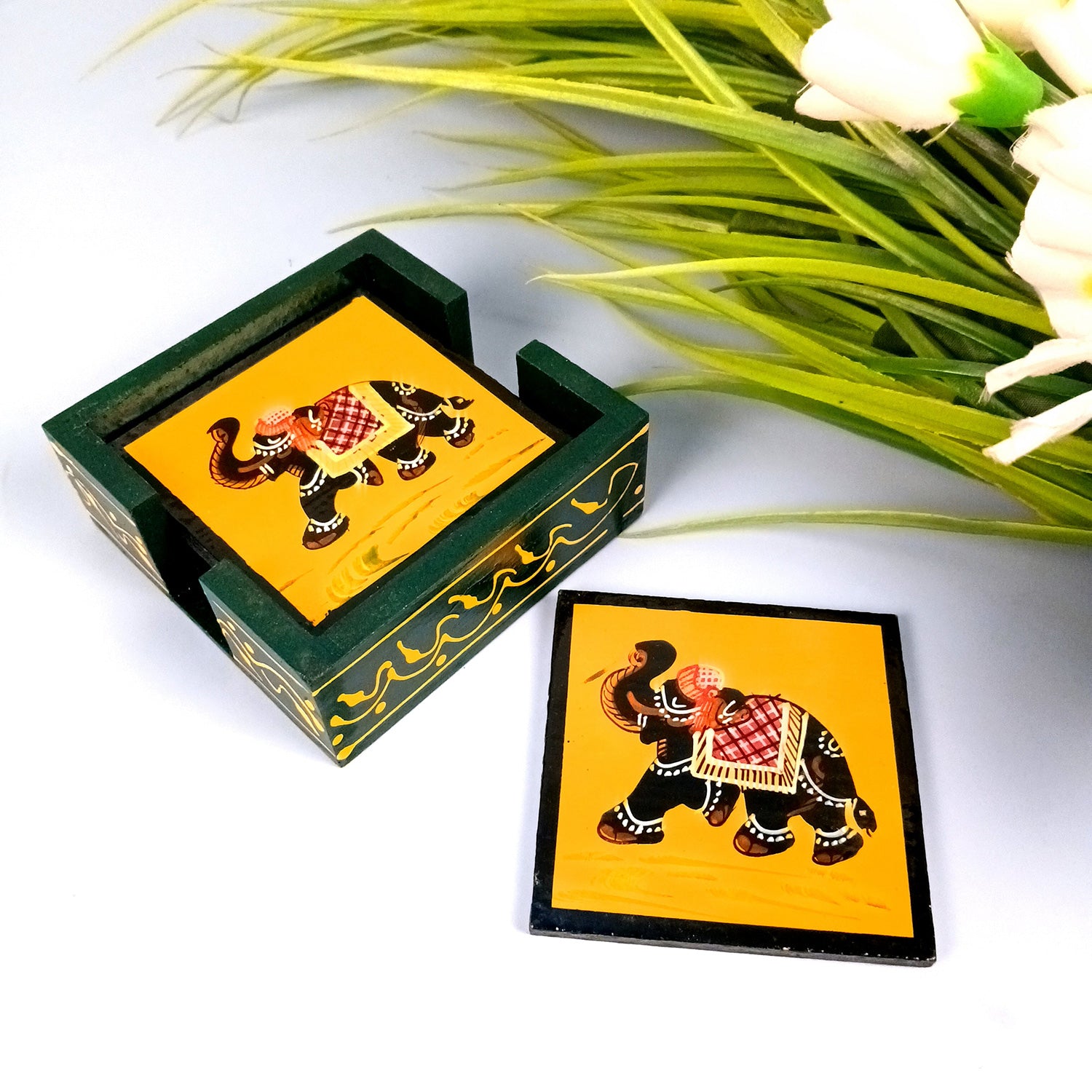 Tea Coasters Set | Wooden Coffee Coasters With Stand | Heat Pad | Dining Table Decor - For Kitchen, Bar, Tables, Hot Pots, Cups, Mugs - 4 Inch (Wood, Green) - Apkamart