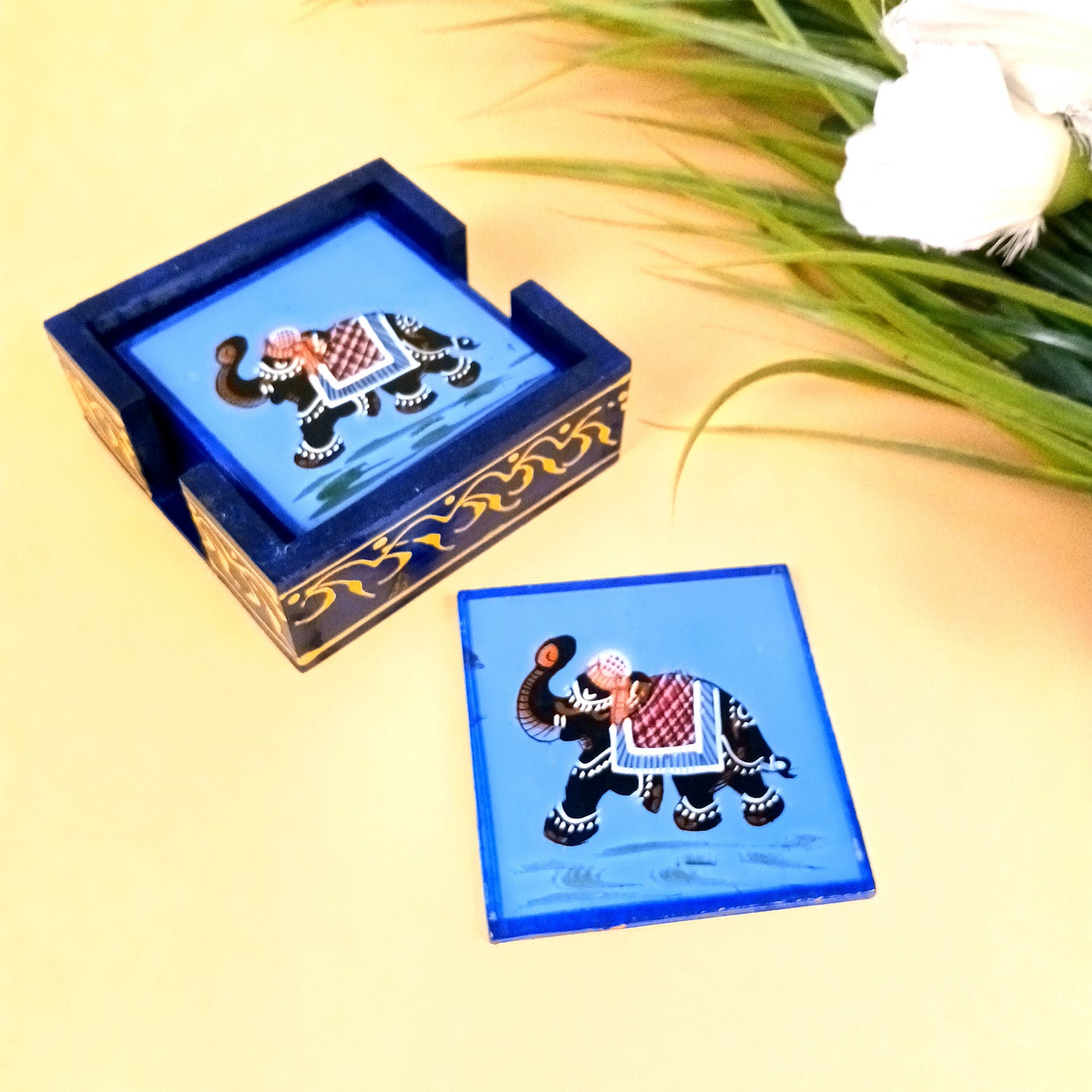 Wooden Coaster Set With Stand | Tea Mat Coasters | Heat Pad | Dining Table Decor - For Kitchen, Bar, Tables, Hot Pots, Cups, Mugs - 4 Inch (Wood, Blue) - Apkamart