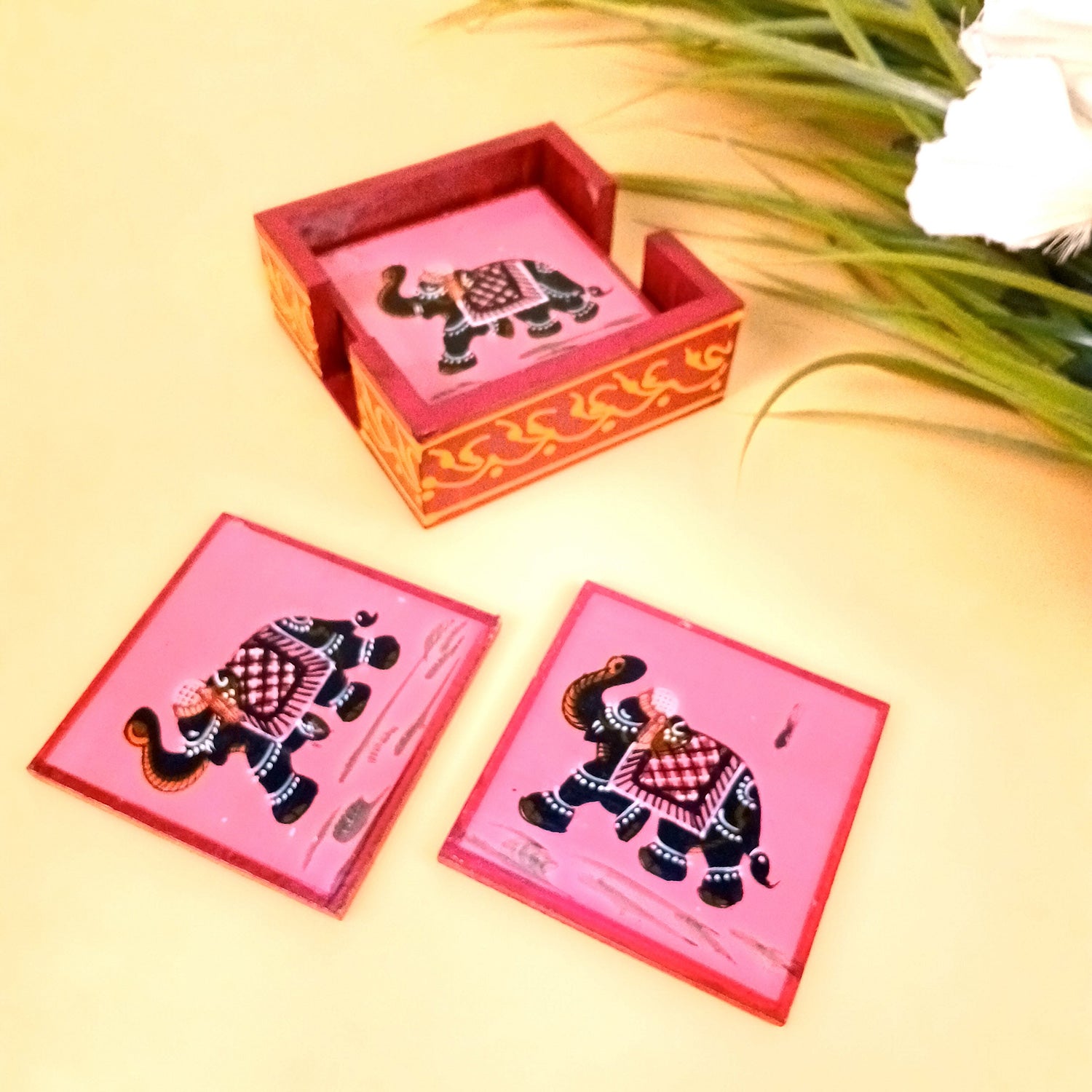 Tea Coasters Set | Wooden Coaster Mats | Drink Coasters Set With Stand - For Coffee Table, Center Table, Kitchen, Bar, Hot Pots, Cups, Mugs - 4 Inch (Wood, Red) - Apkamart #Style_Design 1