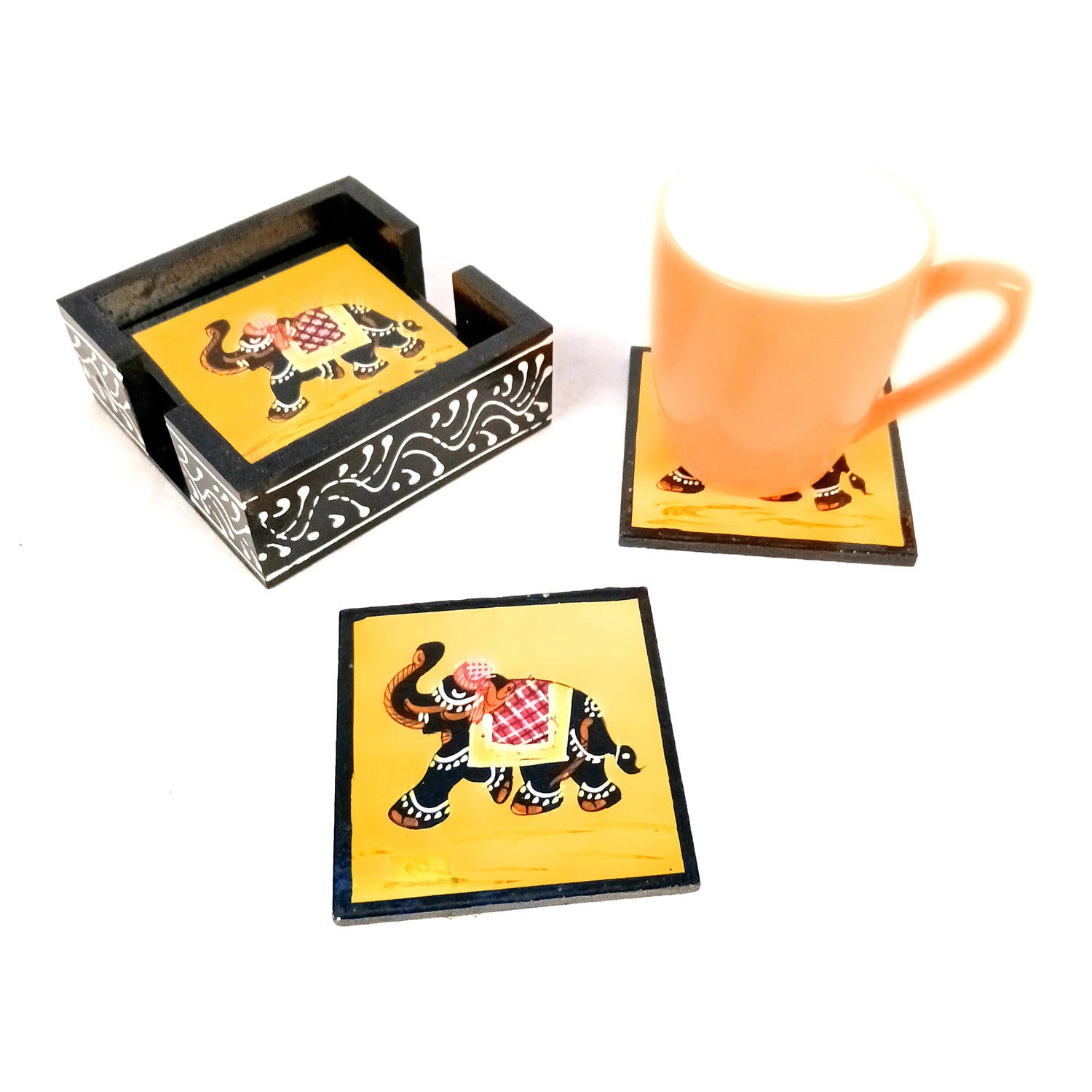 Tea Coasters Set | Wooden Coffee Coasters With Stand | Heat Pad | Dining Table Decor - For Kitchen, Bar, Tables, Hot Pots, Cups, Mugs - 4 Inch (Wood, Green) - Apkamart