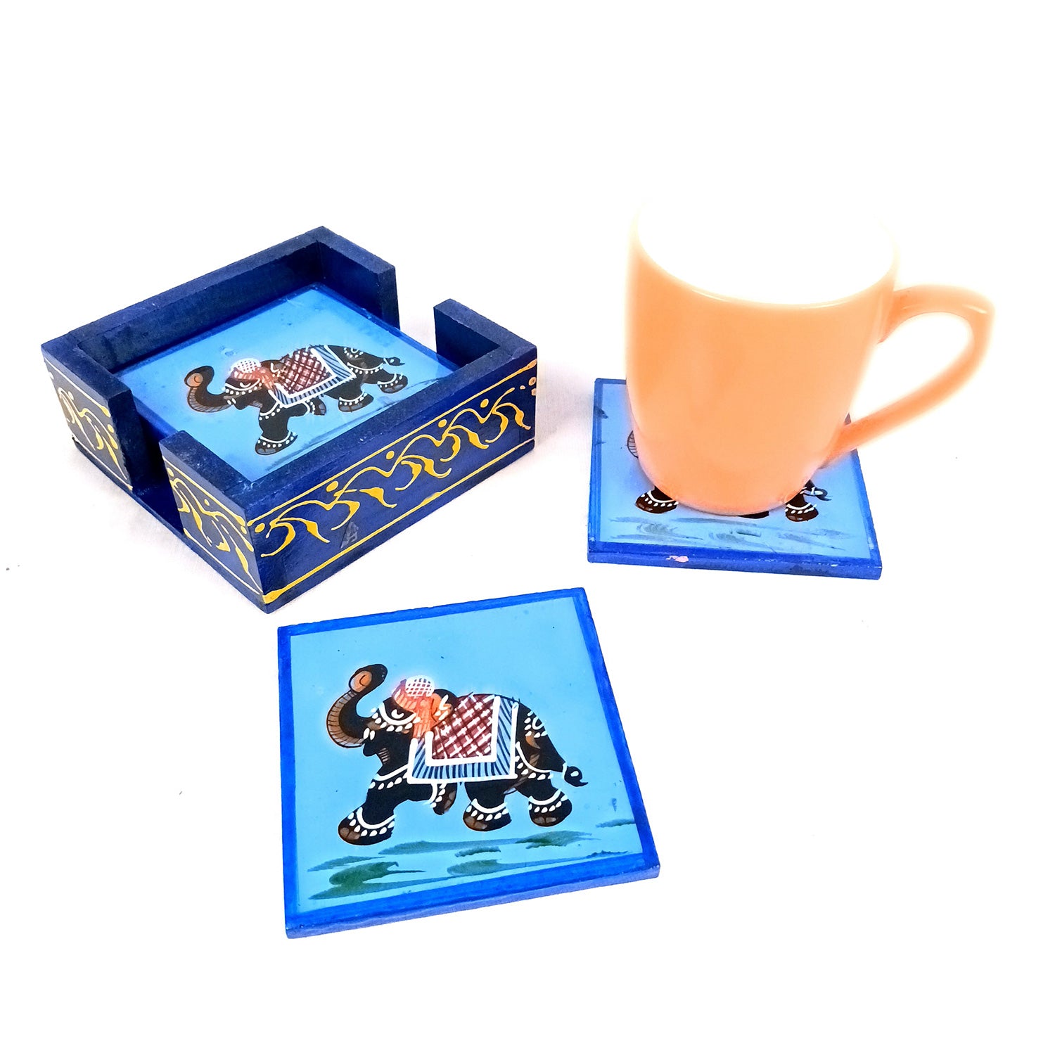 Wooden Coaster Set With Stand | Tea Mat Coasters | Heat Pad | Dining Table Decor - For Kitchen, Bar, Tables, Hot Pots, Cups, Mugs - 4 Inch (Wood, Blue) - Apkamart