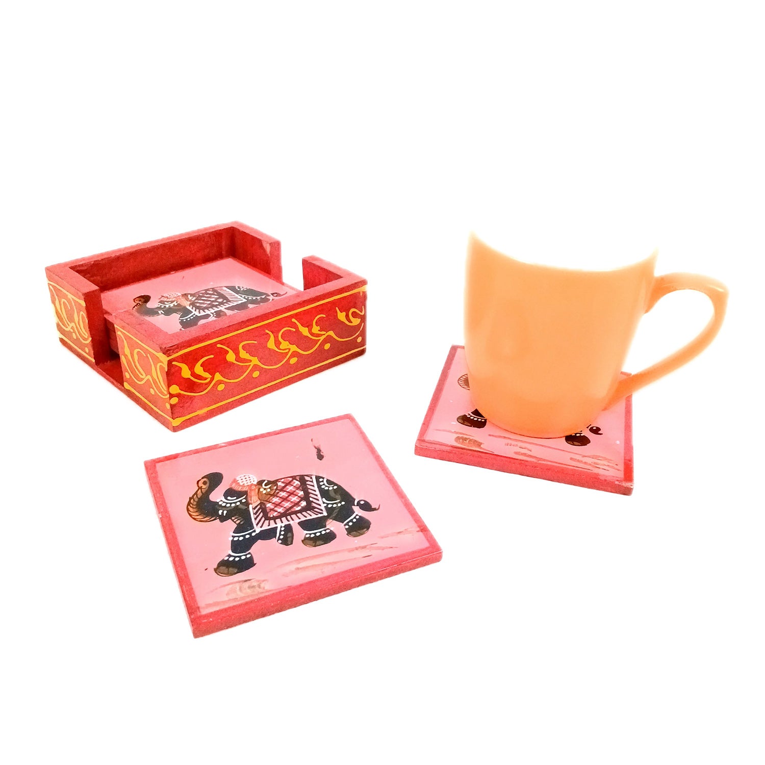 Tea Coasters Set | Wooden Coaster Mats | Drink Coasters Set With Stand - For Coffee Table, Center Table, Kitchen, Bar, Hot Pots, Cups, Mugs - 4 Inch (Wood, Red) - Apkamart #Style_Design 1