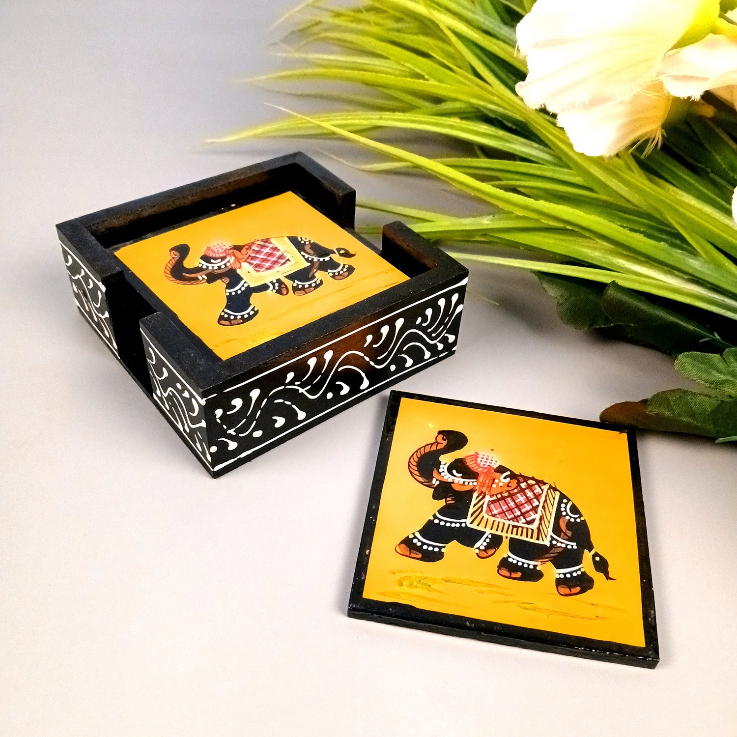 Tea Coasters Set | Wooden Coffee Coasters With Stand | Heat Pad | Dining Table Decor - For Kitchen, Bar, Tables, Hot Pots, Cups, Mugs - 4 Inch (Wood, Black) - Apkamart