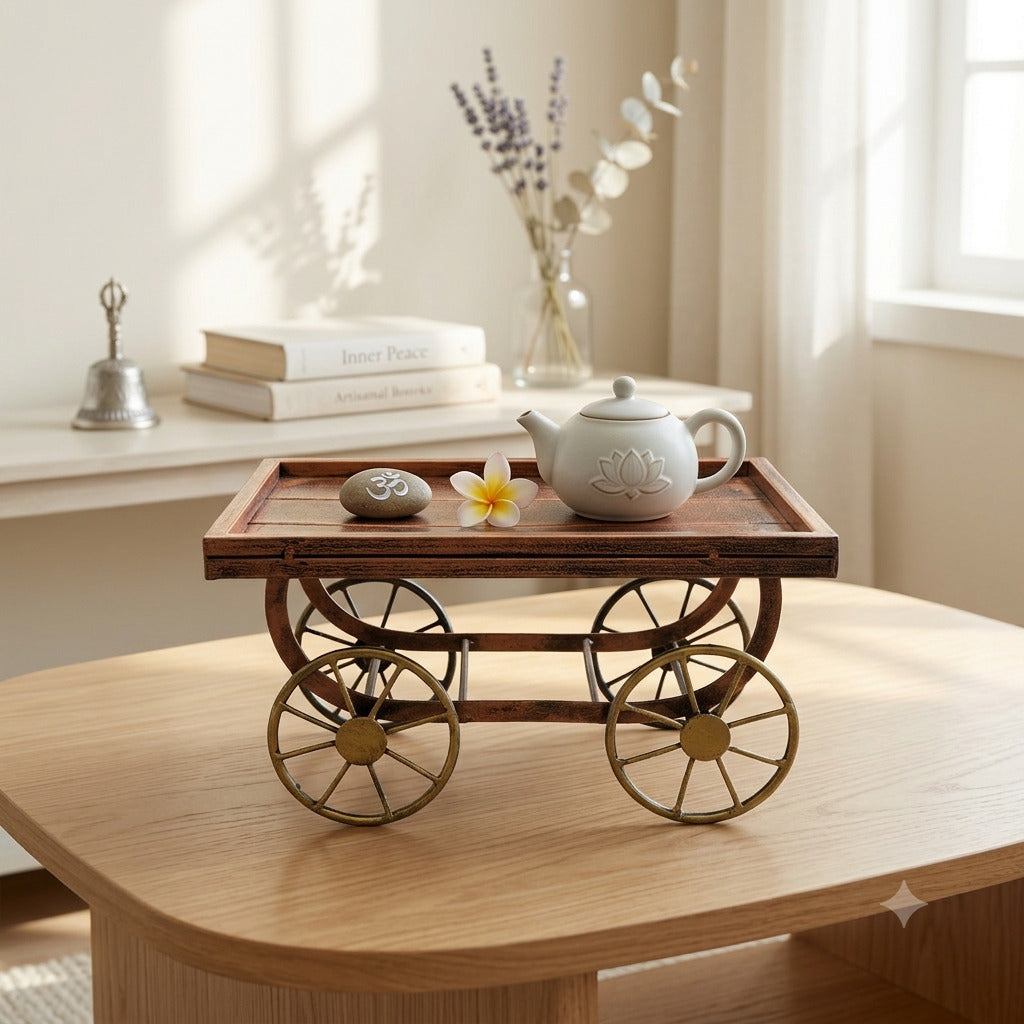 Thela Tray | Unique Serving Tray with Tyres for Snacks, Dry Fruits & Decor | Decorative Handcart Style Tray for Dining, Kitchen, Living Room & Gifting - 12 Inch - Apkamart #design_Design 1