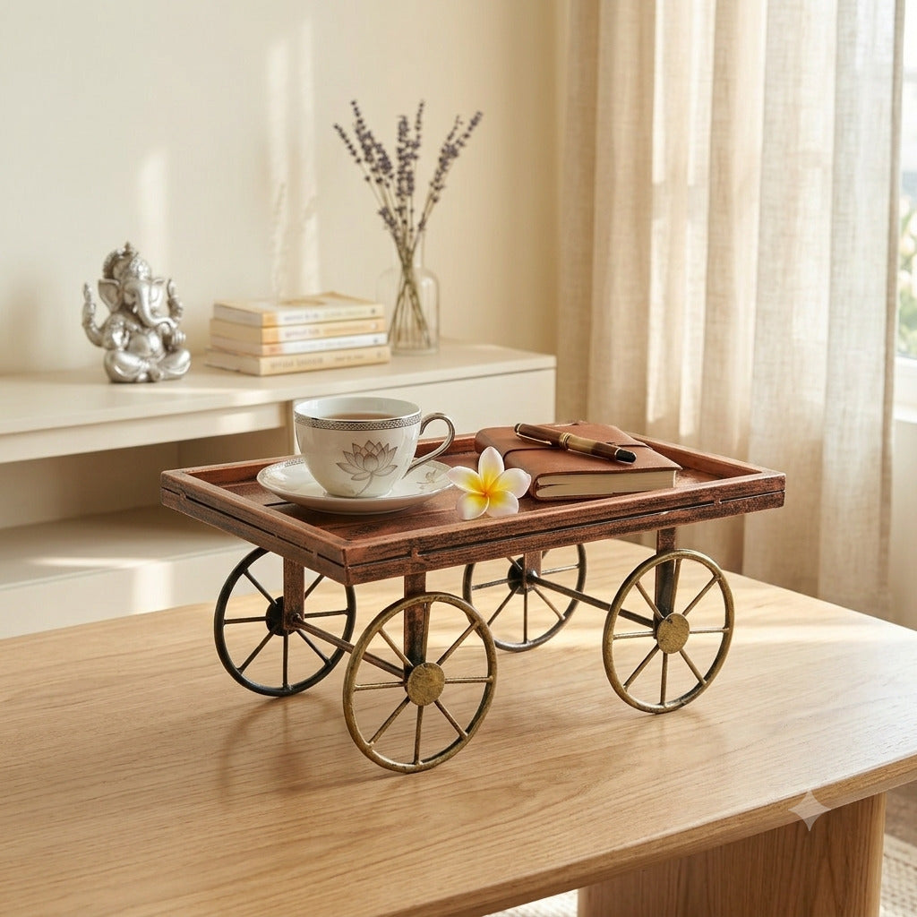 Thela Tray | Unique Serving Tray with Tyres for Snacks, Dry Fruits & Decor | Decorative Handcart Style Tray for Dining, Kitchen, Living Room & Gifting - 12 Inch - Apkamart #design_Design 1