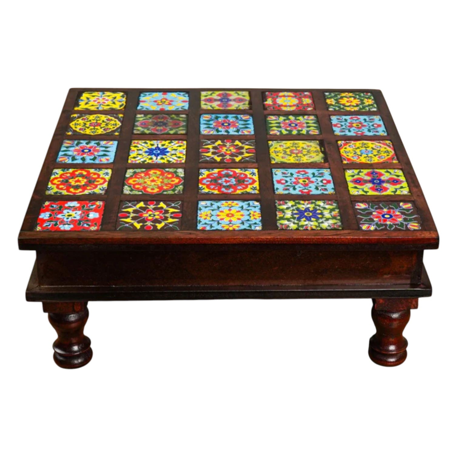 Wooden Pooja Chowki with Ceramic Tiles On Top | Decorative Bajot Pooja Chauki - For Home Decor, Temple, Living Room, Corners  - 11 Inch
