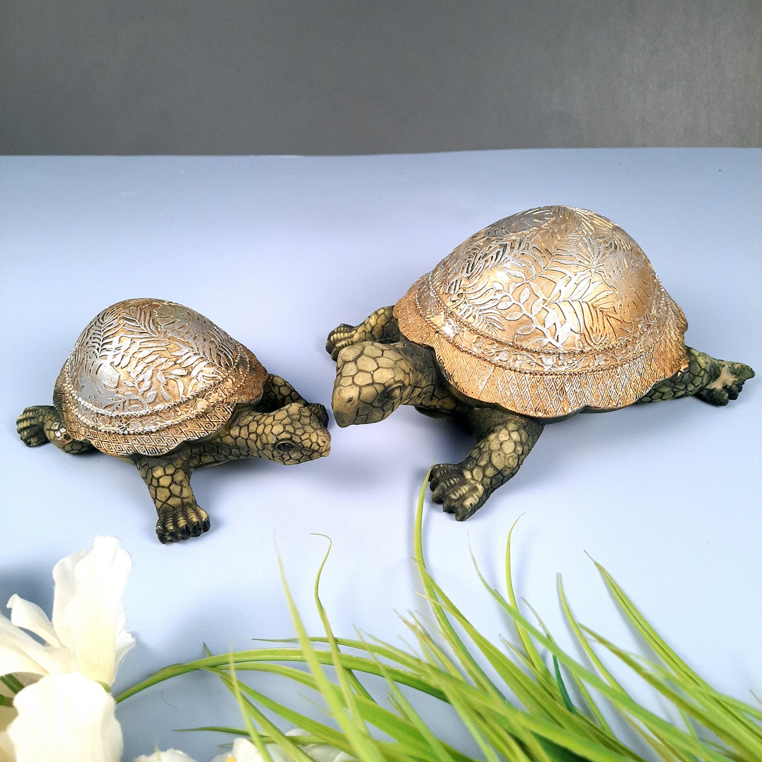 Fengshui Turtle Pair Showpiece Set for Good Luck | Tortoise Figurines for Positive Energy - For Home Decor, Living Room, Office & Gift - Pack of 2 - Apkamart