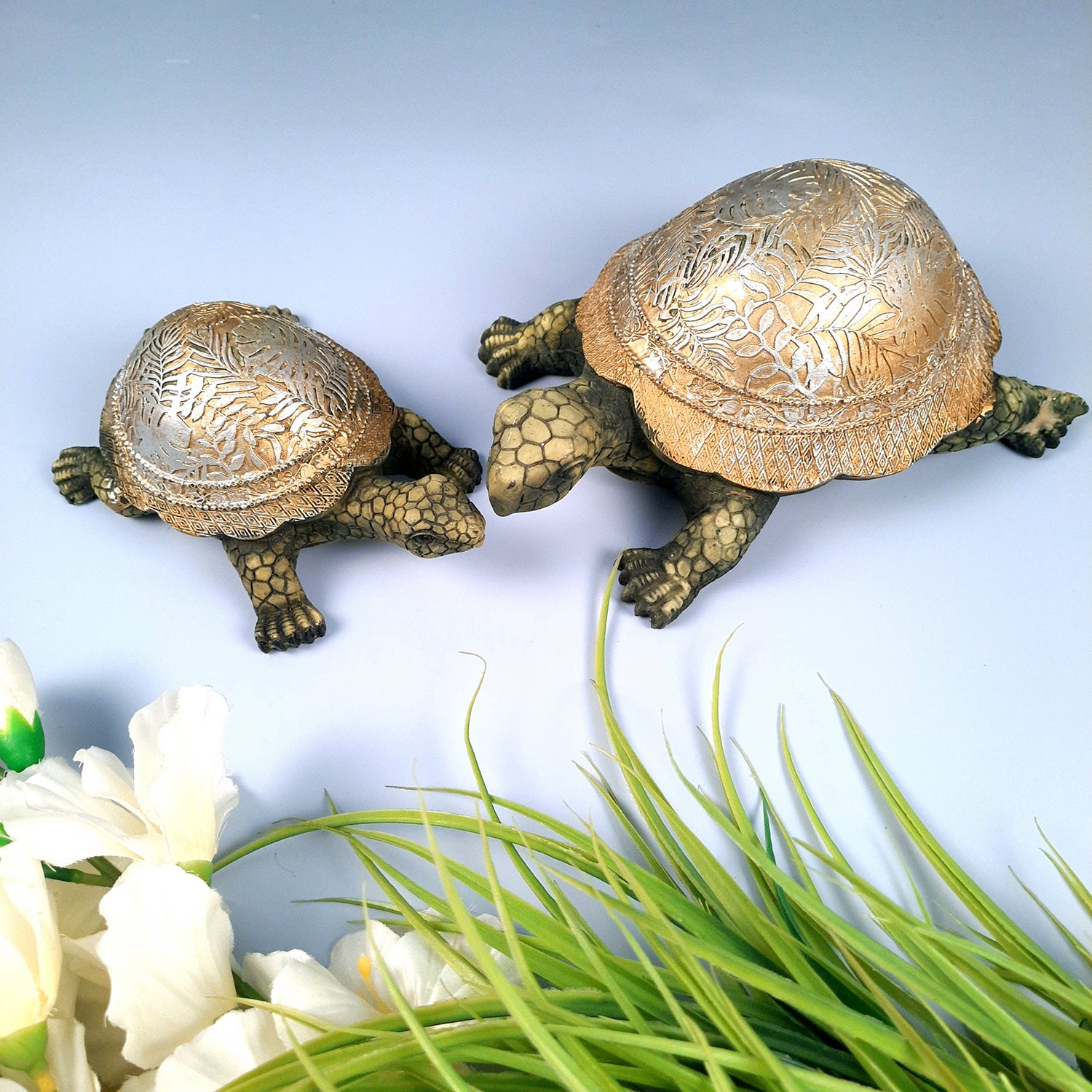 Fengshui Turtle Pair Showpiece Set for Good Luck | Tortoise Figurines for Positive Energy - For Home Decor, Living Room, Office & Gift - Pack of 2 - Apkamart