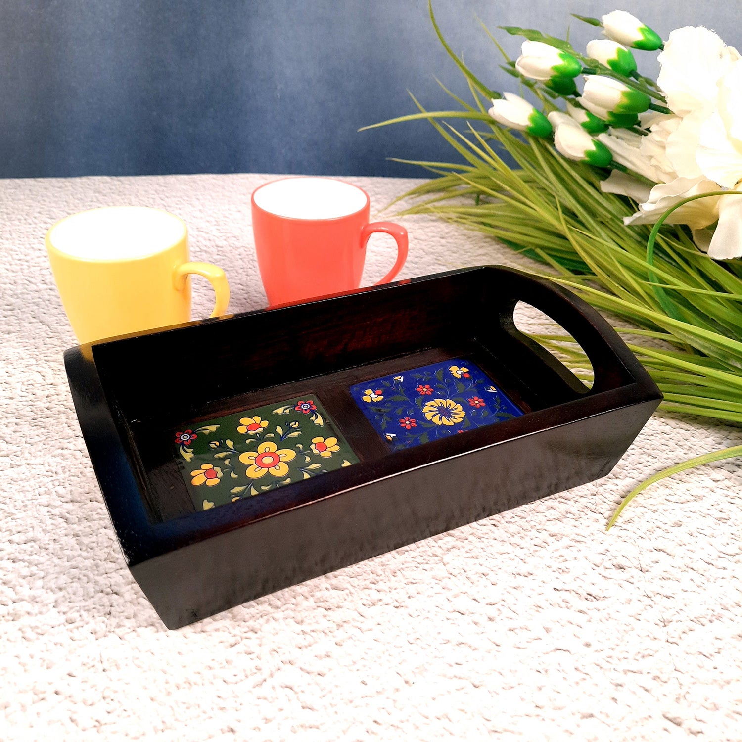 Serving Tray With Ceramic Tiles | Tea & Snacks Serving Platter Wooden - for Home, Dining Table, Kitchen Decor & Gifts - 9 Inch - Apkamart