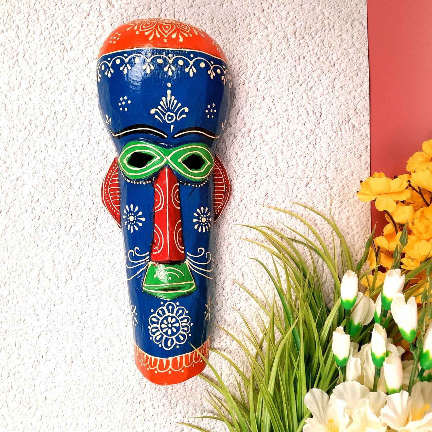 Wall Mask Wooden - African Style | Tribal Mask Rustic Decor - for Ethnic Home, Wall Decor & Gifts - 15 Inch - Apkamart #Color_Blue