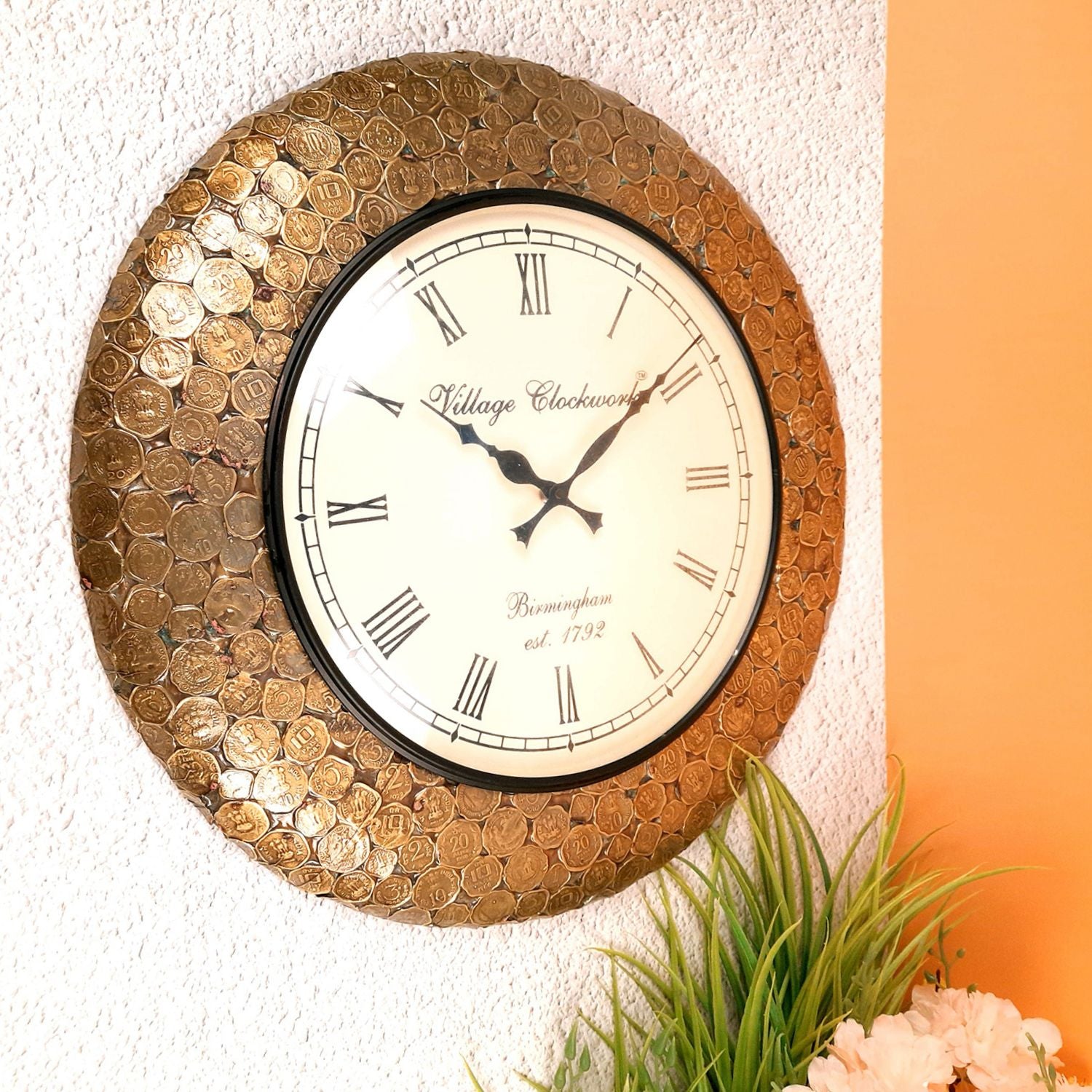 Wall Clock Vintage | Wall Mount Clock Antique With Old Coins Design - For Home, Office, Bedroom, Hall Decor & Gifts | Wedding & Housewarming Gift - 18 Inch - Apkamart