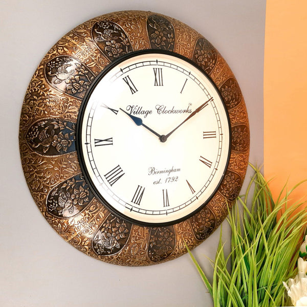Wall Clock Hanging | Analogue Clock Antique With Wooden & Brass Finish - For Home, Living Room, Bedroom, Hall Decor | Wedding & Housewarming Gift - 18 Inch - Apkamart