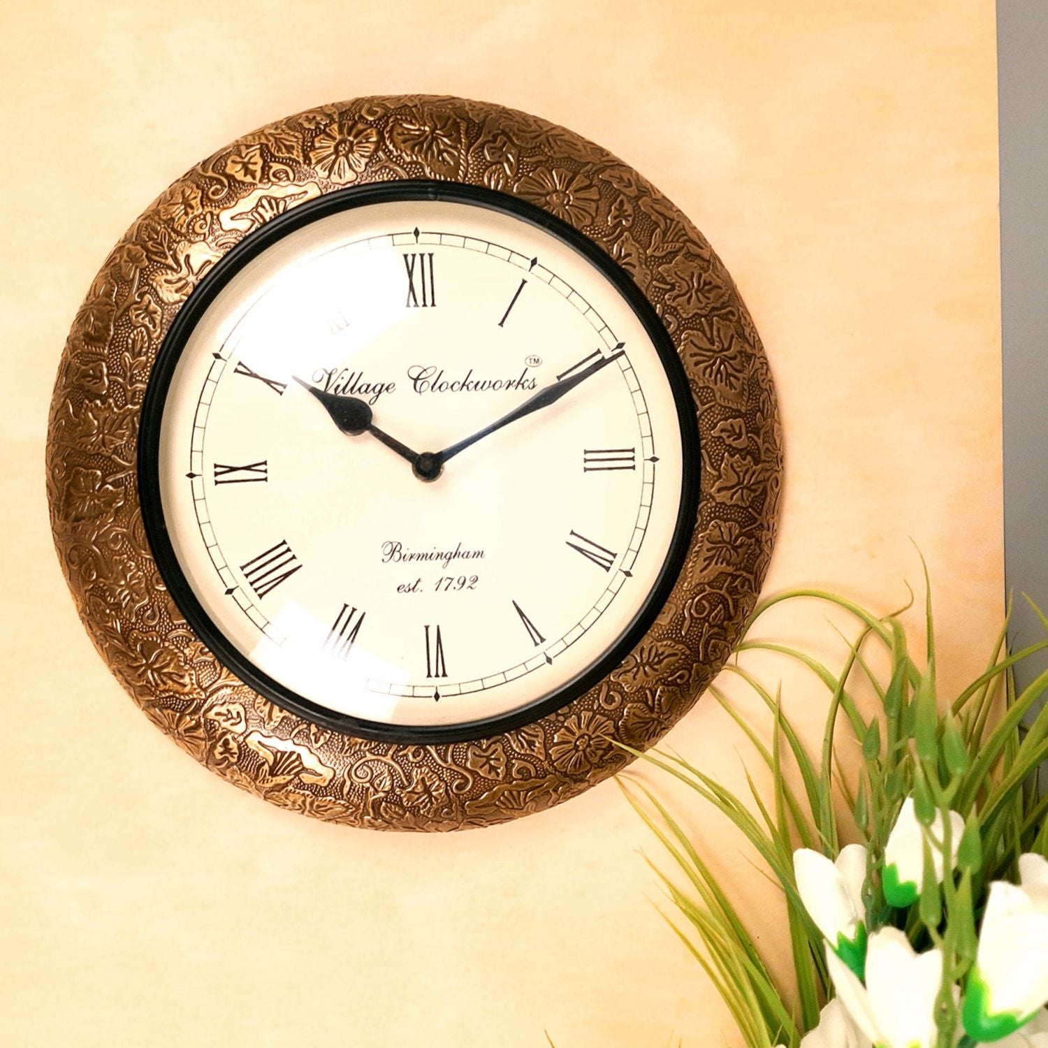 Wall Clock | Wall Mount Analogue Clock Antique With Brass Work - For Home, Living Room, Bedroom, Hall Decor | Wedding & Housewarming Gift - 12 Inch - Apkamart