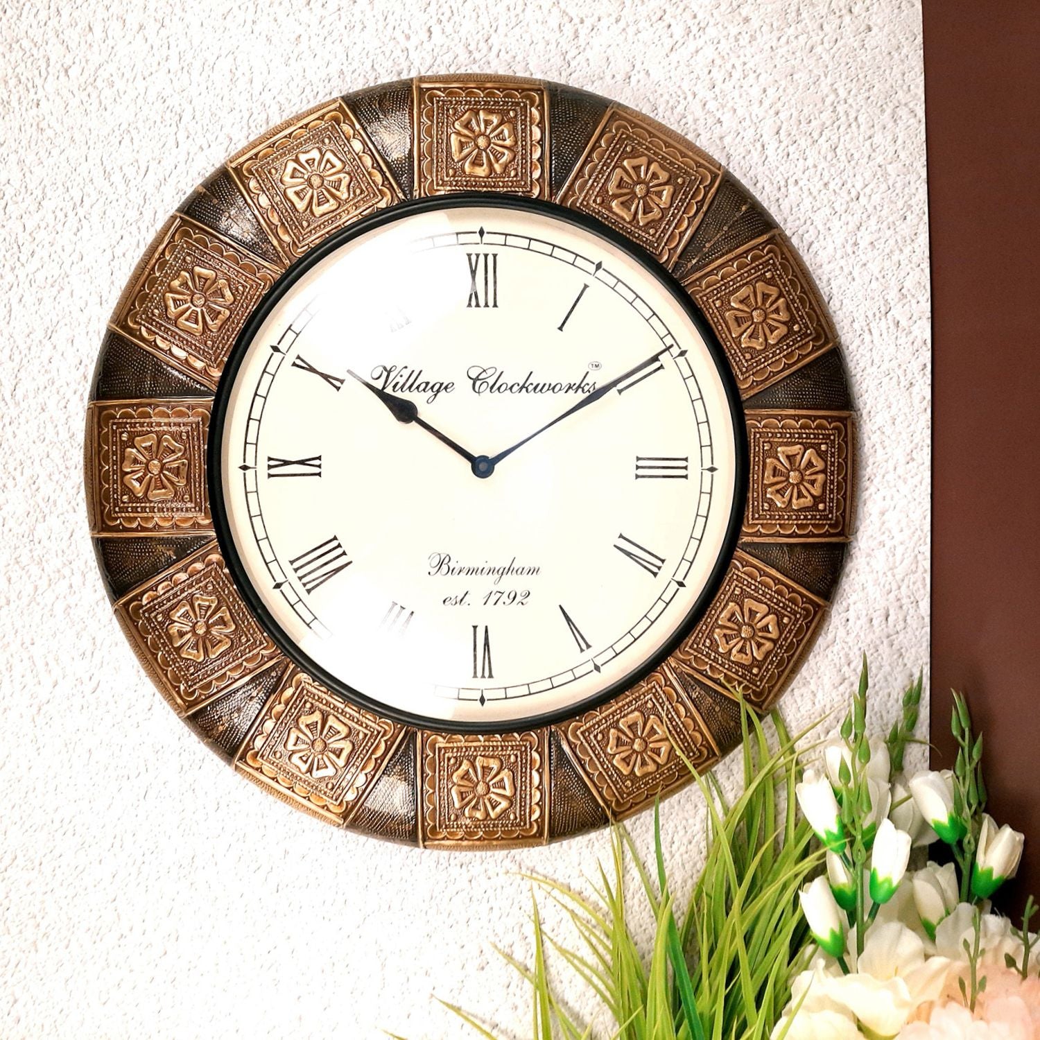 Wall Clock Vintage for Living Room | Wall Mount Clock With Antique Brass Work - For Home, Office, Bedroom, Hall Decor & Gifts - 18 Inch - Apkamart