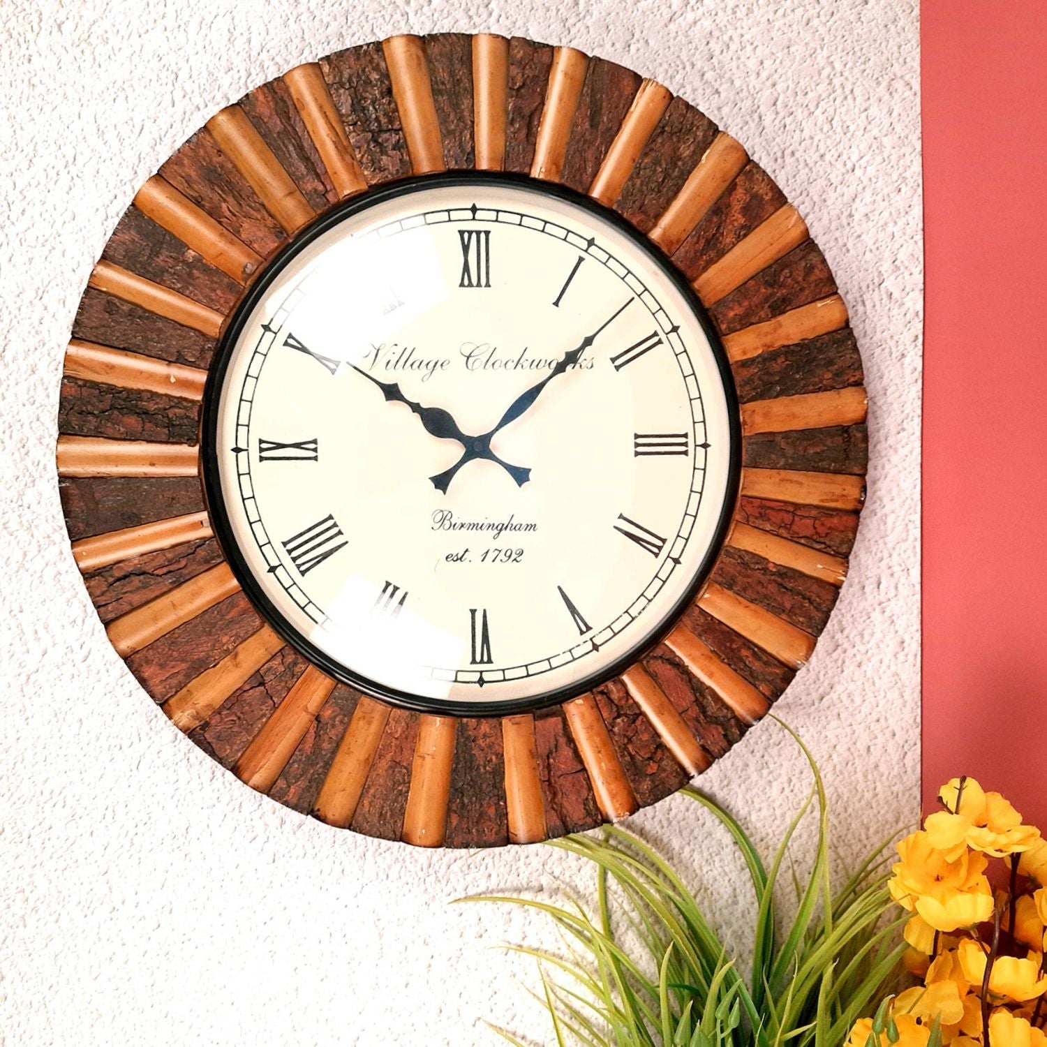 Wall Clock Wooden | Hanging Analogue Clock With Antique Brass Work - For Home, Living Room, Bedroom, Office & Hall Decoration | Wedding & Housewarming Gift - 18 Inch - Apkamart