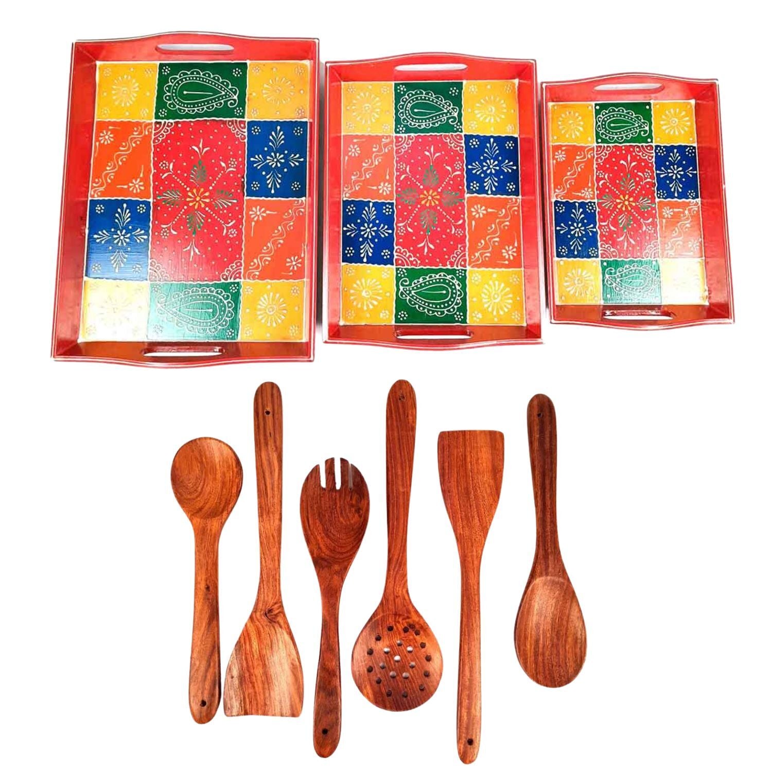 Serving Tray Set & Wooden Cookin Spoon Combo | Tea & Snacks Serving Trays & Wooden Spoons - For Non-stick Cookware, Kitchen Items, Gifts (Pack of 6) - Apkamart
