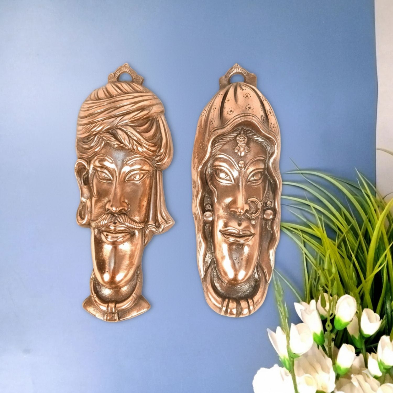 Village Couple Face Wall Hanging Set | Wall Hanging Showpiece for Home Decoration | Decorative Metal Wall Hangings for Living Room, Bedroom, Art Decor - 11 Inch (Set Of 2) - Apkamart