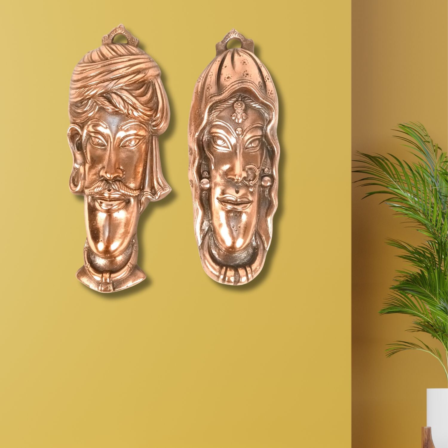Village Couple Face Wall Hanging Set | Wall Hanging Showpiece for Home Decoration | Decorative Metal Wall Hangings for Living Room, Bedroom, Art Decor - 11 Inch (Set Of 2) - Apkamart