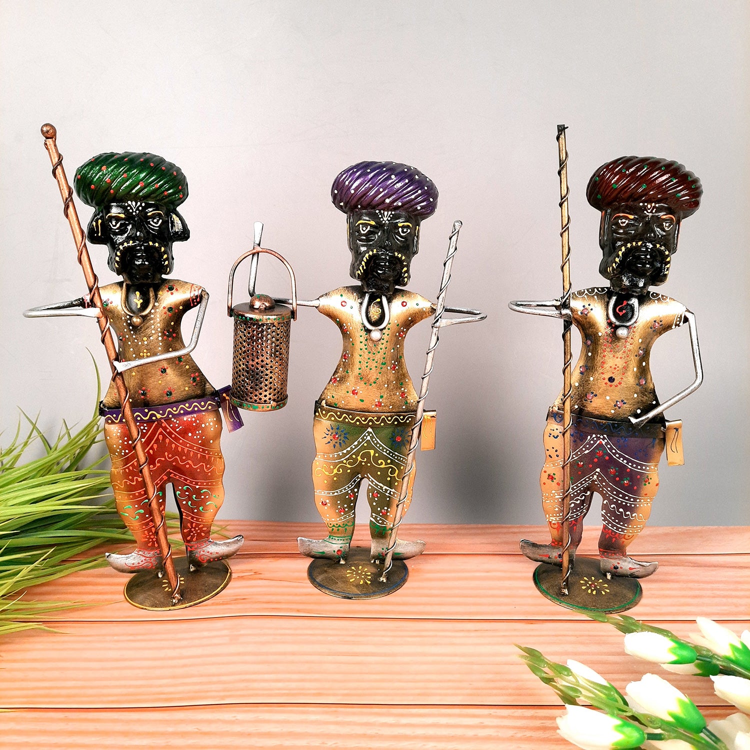 Darbaan Showpiece | Village Men Holding Stick & Lantern Figurines | Handicraft Show Pieces - For Home, Table, Living Room, TV Unit Decor | Housewarming & Festivals Gifts - 14 Inch (Set of 3) - Apkamart