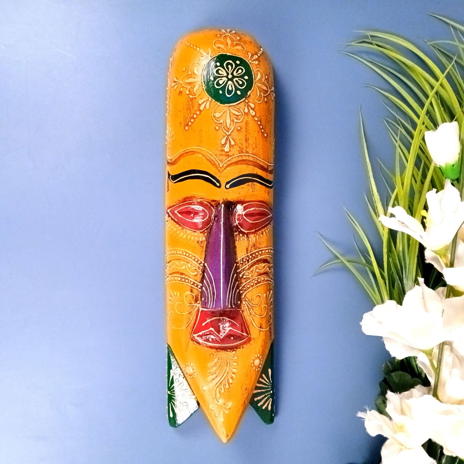 Wooden Wall Hanging Mask Showpiece | Decorative Mask for Home Wall Decor | Handcrafted Wooden Art | Premium Ethnic Showpiece for Living Room - 15 Inch - Apkamart