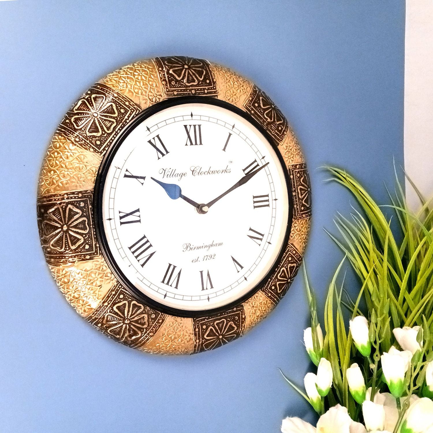 Wall Clock Wooden | Hanging Analogue Clock With Antique Brass Work - For Home, Living Room, Bedroom, Office & Hall Decoration | Wedding & Housewarming Gift - 12 Inch - Apkamart