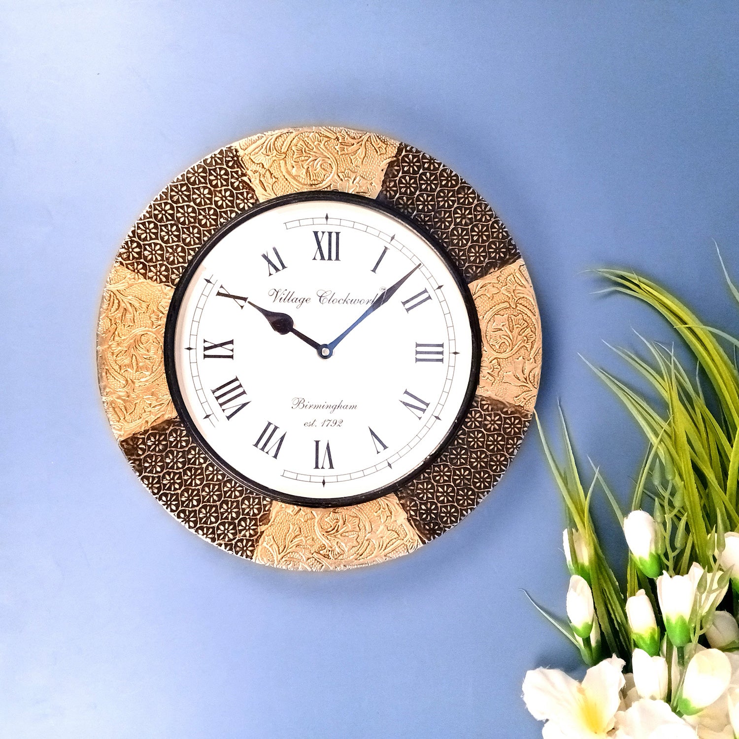 Wall Clock Wooden | Wall Mount Analogue Clock With Premium Wood Finish & Brass Work - For Home, Living Room, Bedroom, Hall Decor | Wedding & Housewarming Gift - 12 Inch - Apkamart