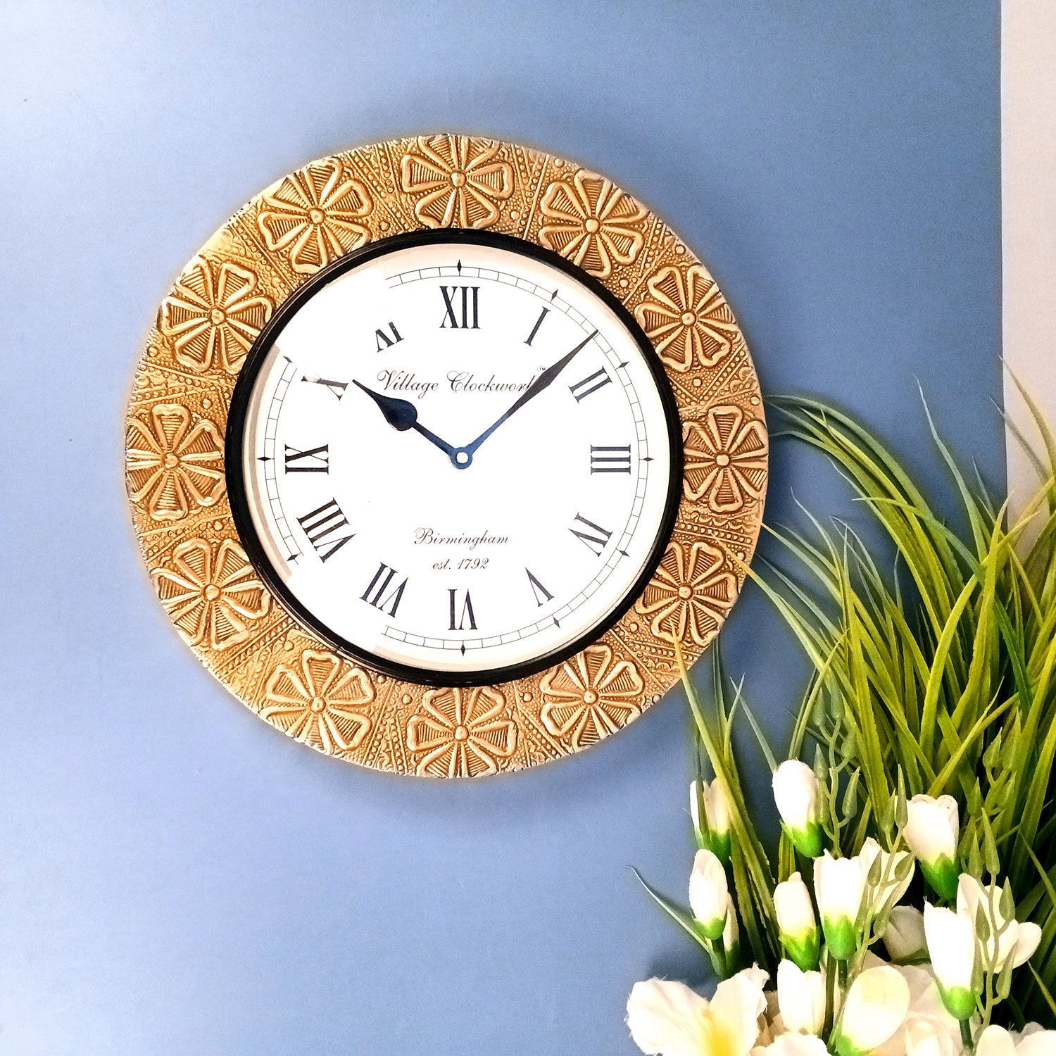 Wall Clock Vintage for Living Room | Wall Mount Clock With Antique Brass Work - For Home, Office, Bedroom, Hall Decoration | Festival Gifts & Wall Decor - 12 Inch - Apkamart