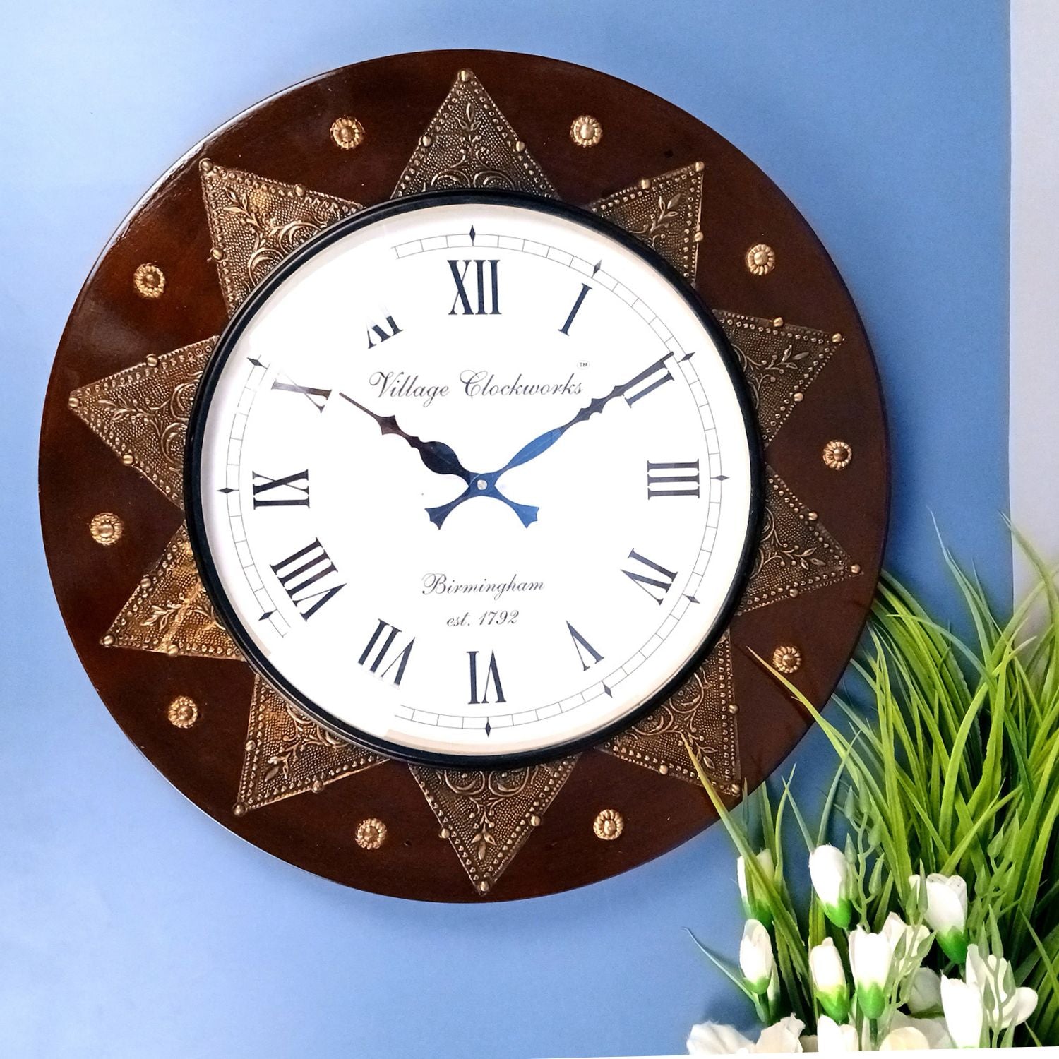 Wall Clock Wooden | Wall Mount Analogue Clock With Premium Wood Finish & Brass Work - For Home, Living Room, Bedroom, Hall Decor | Wedding & Housewarming Gift - 18 Inch - Apkamart #Style_Design 1