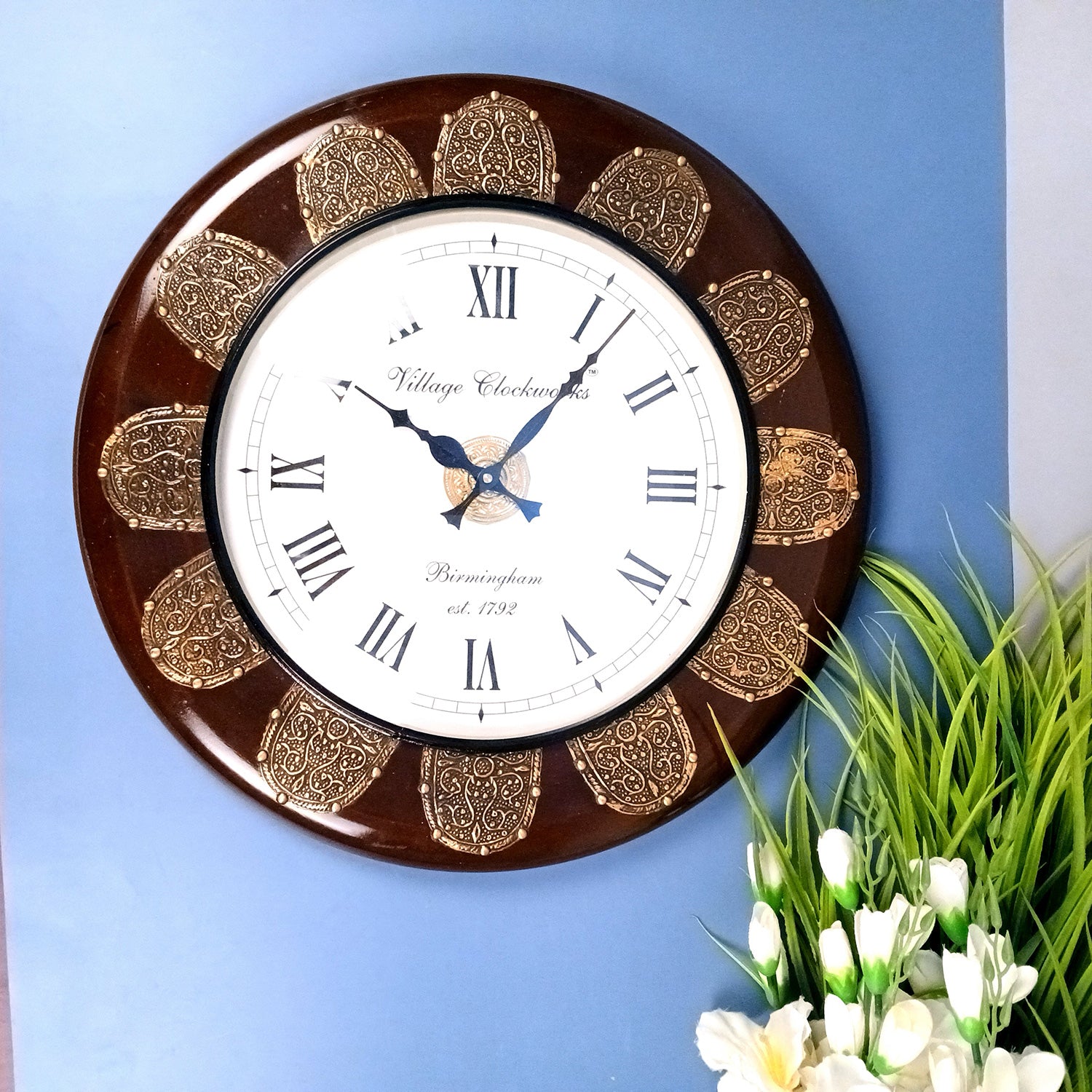 Wall Clock Wooden | Antique Clock With Premium Wood Finish & Brass Work - For Home, Living Room, Bedroom, Office & Hall Decoration | Wedding & Housewarming Gift - 18 Inch - Apkamart #Style_Design 1