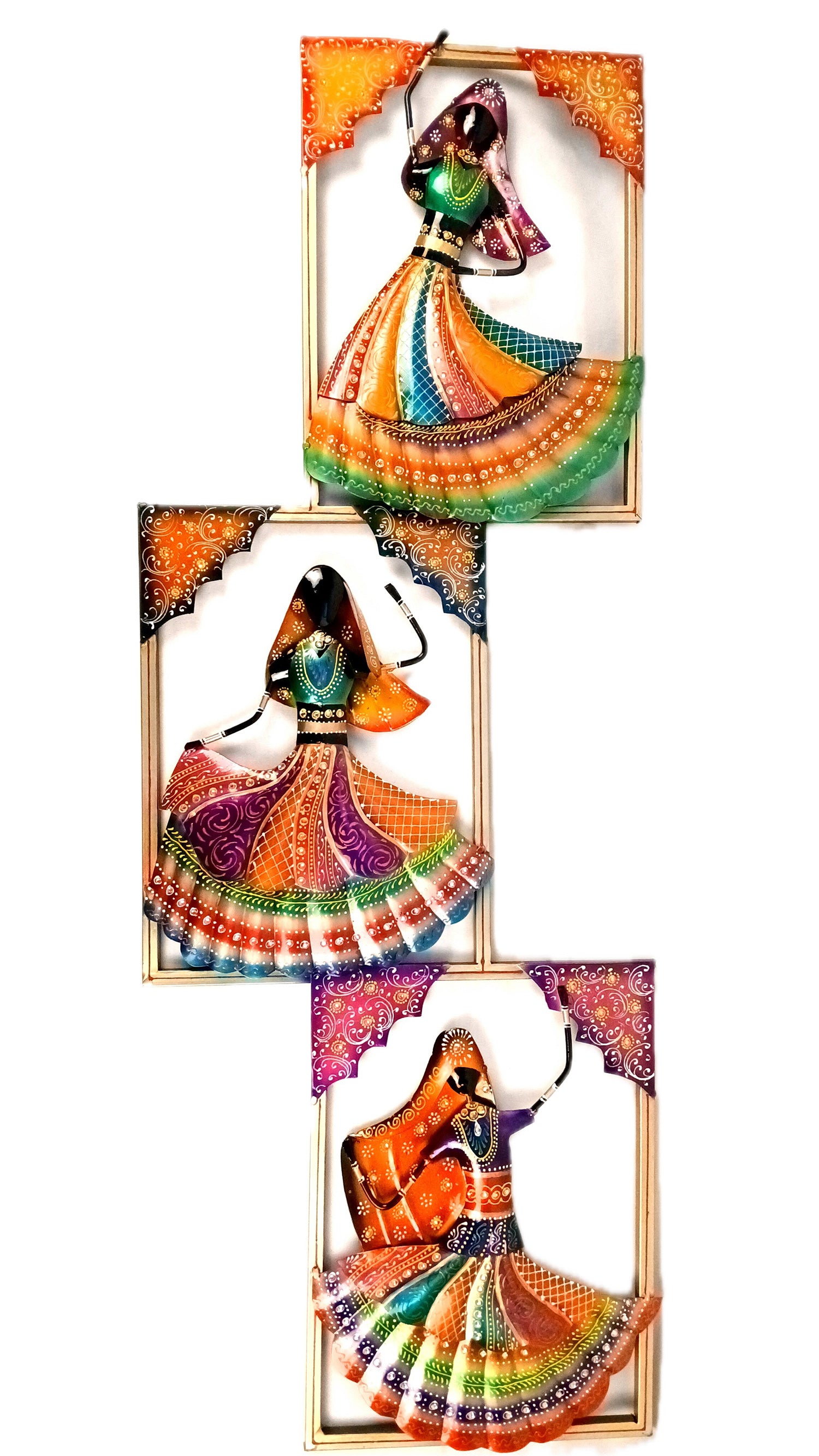 Dancing Ladies Wall Hanging - Jharokha Design | Metal Wall Art With Vibrant Hand Painting - For Home, Big Walls, Living Room, Large Spaces & Gifts - 44 Inch - Apkamart